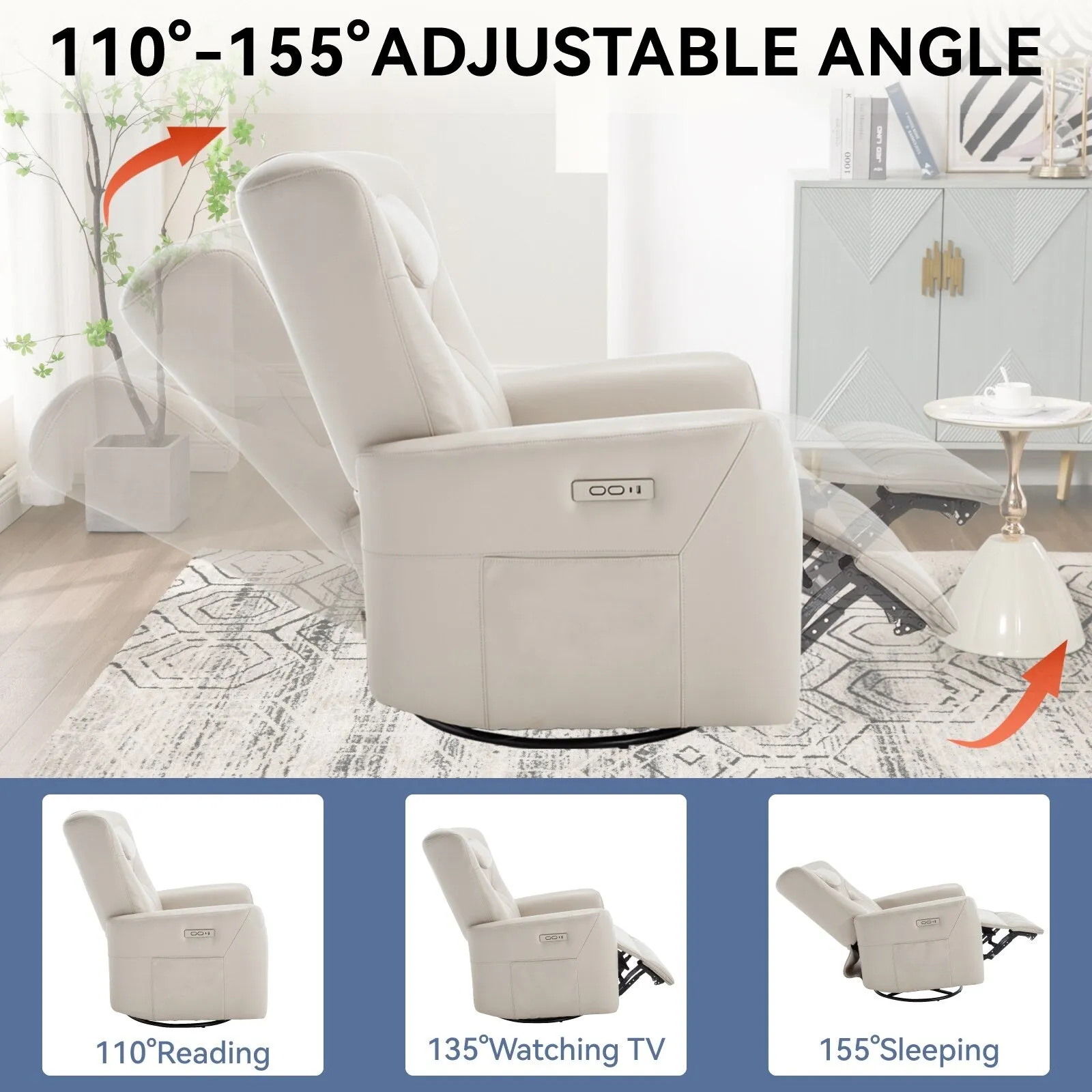 Leatheraire Swivel and Rocker Power Recliner Chair, Modern Single Recliner w/Lumbar & Neck Support Pillow, USB and Type-C Ports