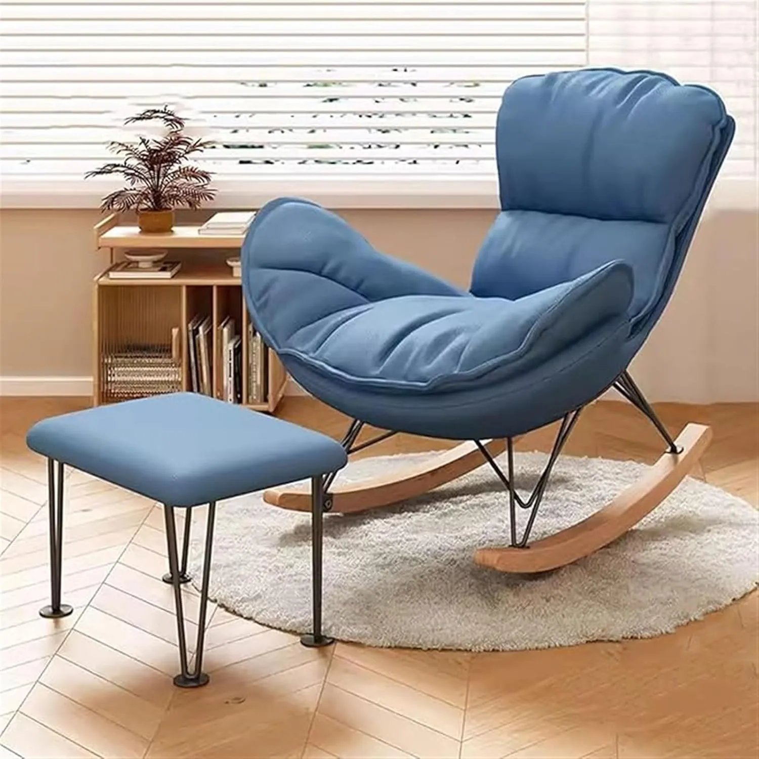 Leisure Sofa Bedroom Rocking Chair Faux Leather Living Room Chair with Ottoman Mid Century Rocker Recliner,Upholstered Rocking Chair Comfy Chair (Color : Blue)