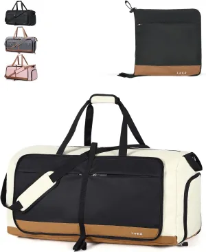 Lekesky Foldable Travel Duffle Bag for Women, Large Duffel Bag with Separate Shoes Compartments & Straps, Carry On Weekend Bag for Women, Hospital, Overnight (Camel & Brown, 80L)