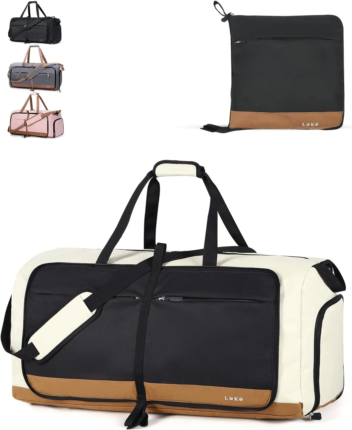 Lekesky Foldable Travel Duffle Bag for Women, Large Duffel Bag with Separate Shoes Compartments & Straps, Carry On Weekend Bag for Women, Hospital, Overnight (Camel & Brown, 80L)