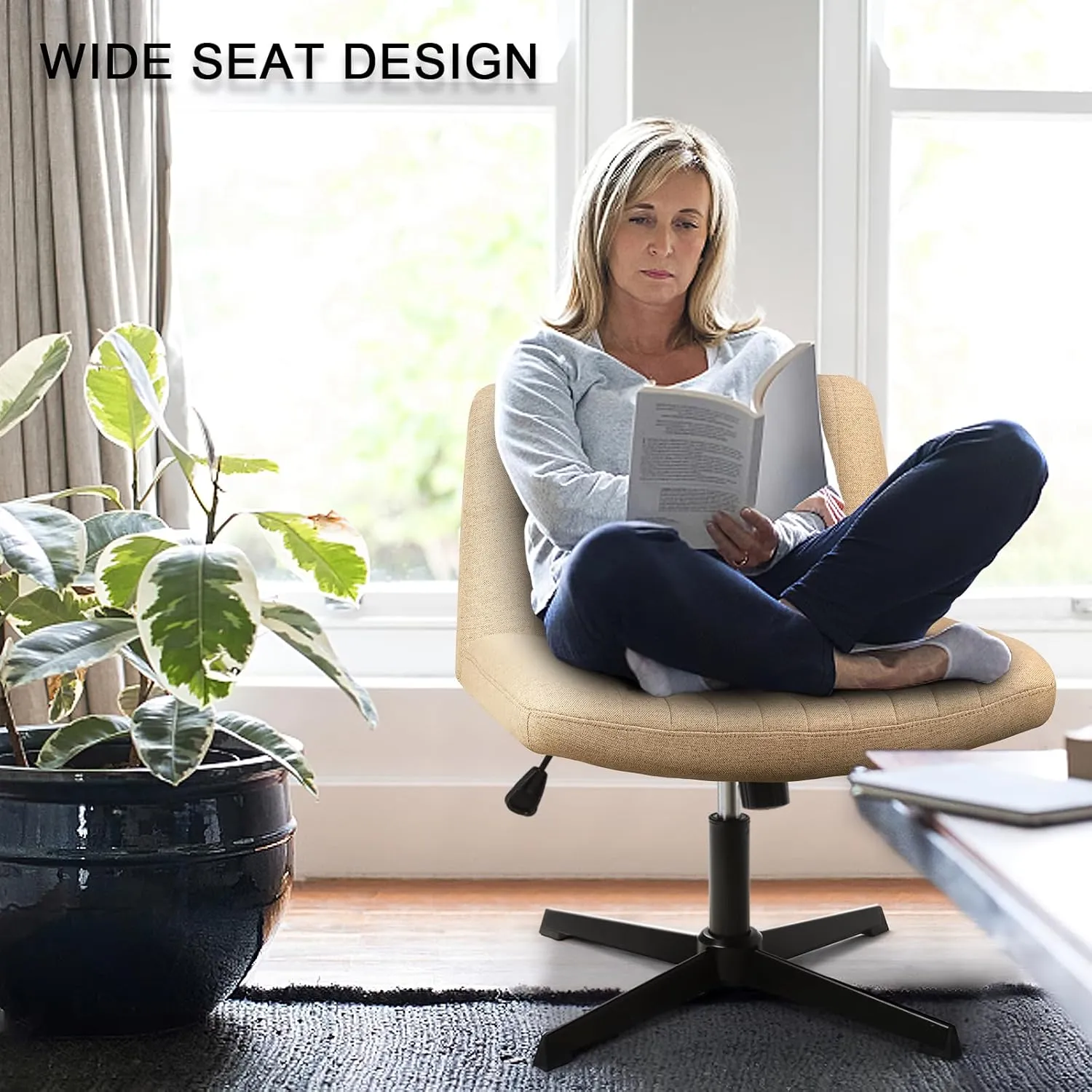 LEMBERI Fabric Padded Desk Chair No Wheels, Armless Wide Swivel Home Office Desk Chair,120° Rocking Mid Back Ergonomic Computer Task Vanity Chair for Office, Home, Make Up,Small Space (Yellow)