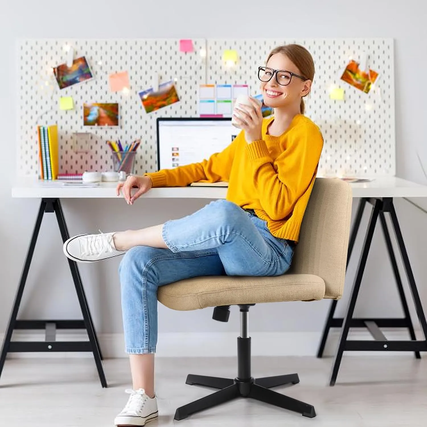 LEMBERI Fabric Padded Desk Chair No Wheels, Armless Wide Swivel Home Office Desk Chair,120° Rocking Mid Back Ergonomic Computer Task Vanity Chair for Office, Home, Make Up,Small Space (Yellow)