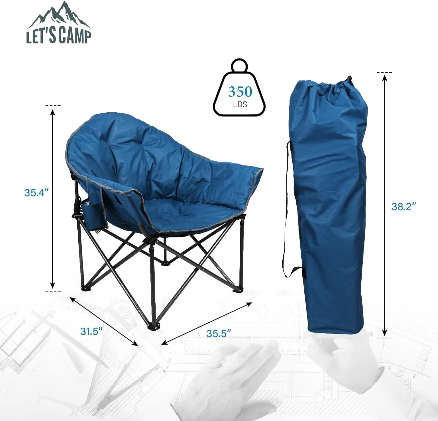 LET'S CAMP Heavy-Duty Oversize Camping Chair Round Moon Saucer Chair Padded with Cup Holder and Carry Bag Folding Chair,Navy
