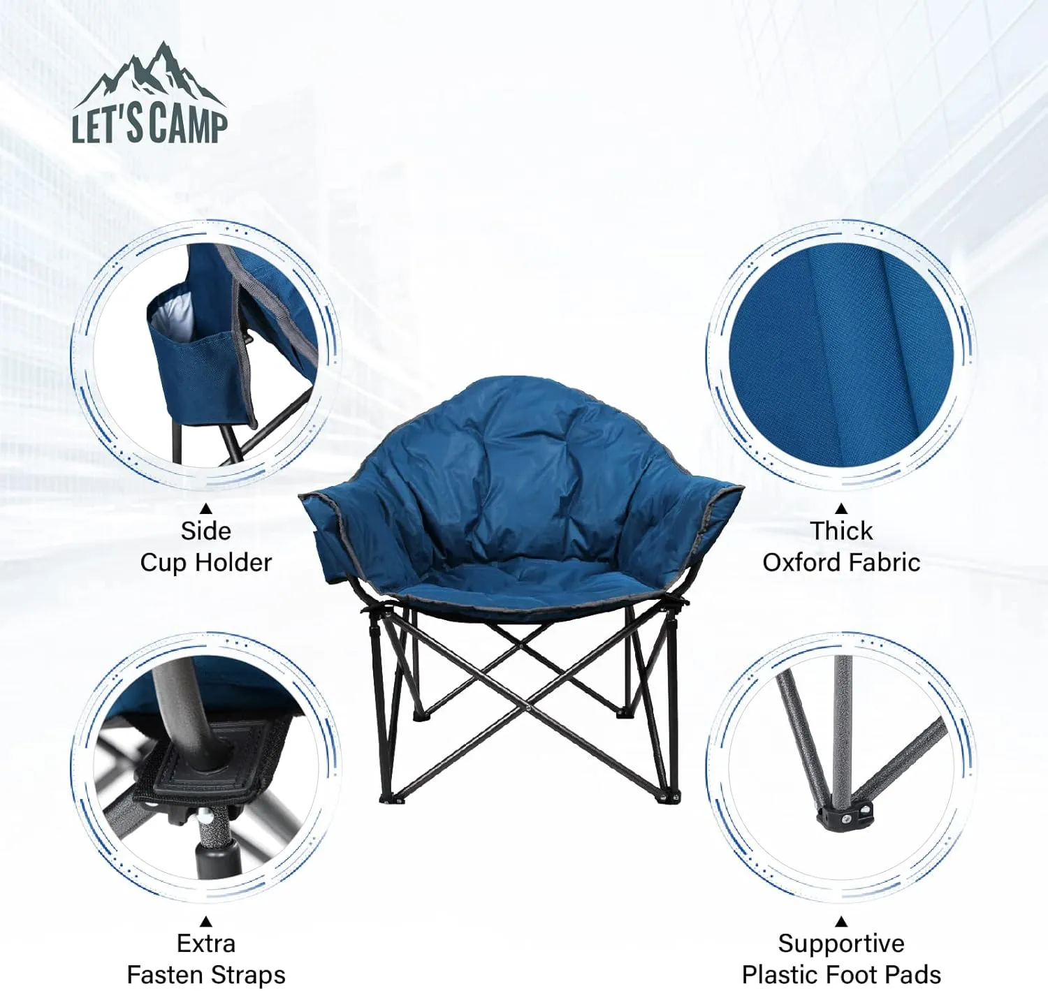 LET'S CAMP Heavy-Duty Oversize Camping Chair Round Moon Saucer Chair Padded with Cup Holder and Carry Bag Folding Chair,Navy
