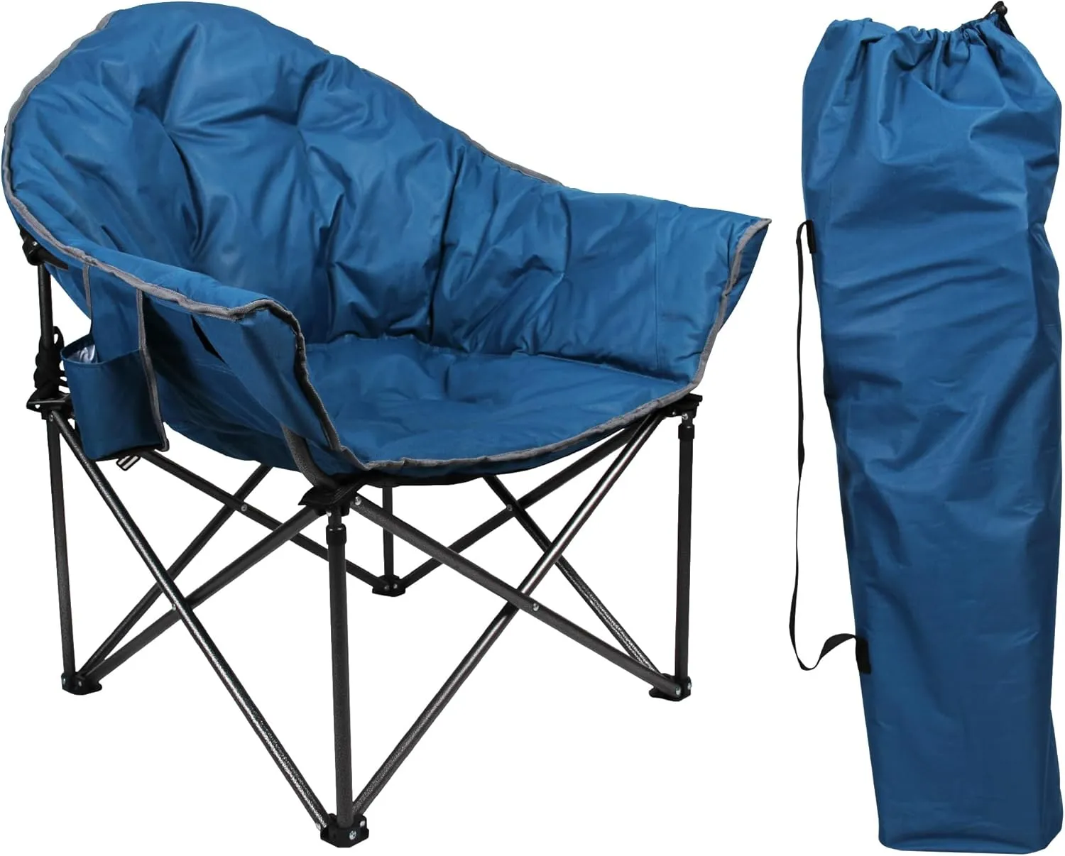 LET'S CAMP Heavy-Duty Oversize Camping Chair Round Moon Saucer Chair Padded with Cup Holder and Carry Bag Folding Chair,Navy