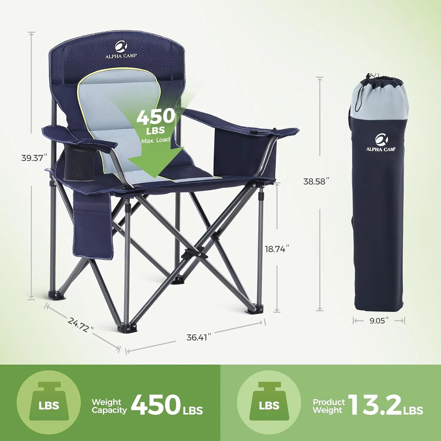 LET'S CAMP Oversized Folding Camping Chair Portable Outdoor Heavy Duty Padded Chairs Lawn Chair with Cup Holder, Storage Pocket and Cooler Bag, Supports 450LBS, for Camp, Travel, Picnic,2 Pack(Blue)