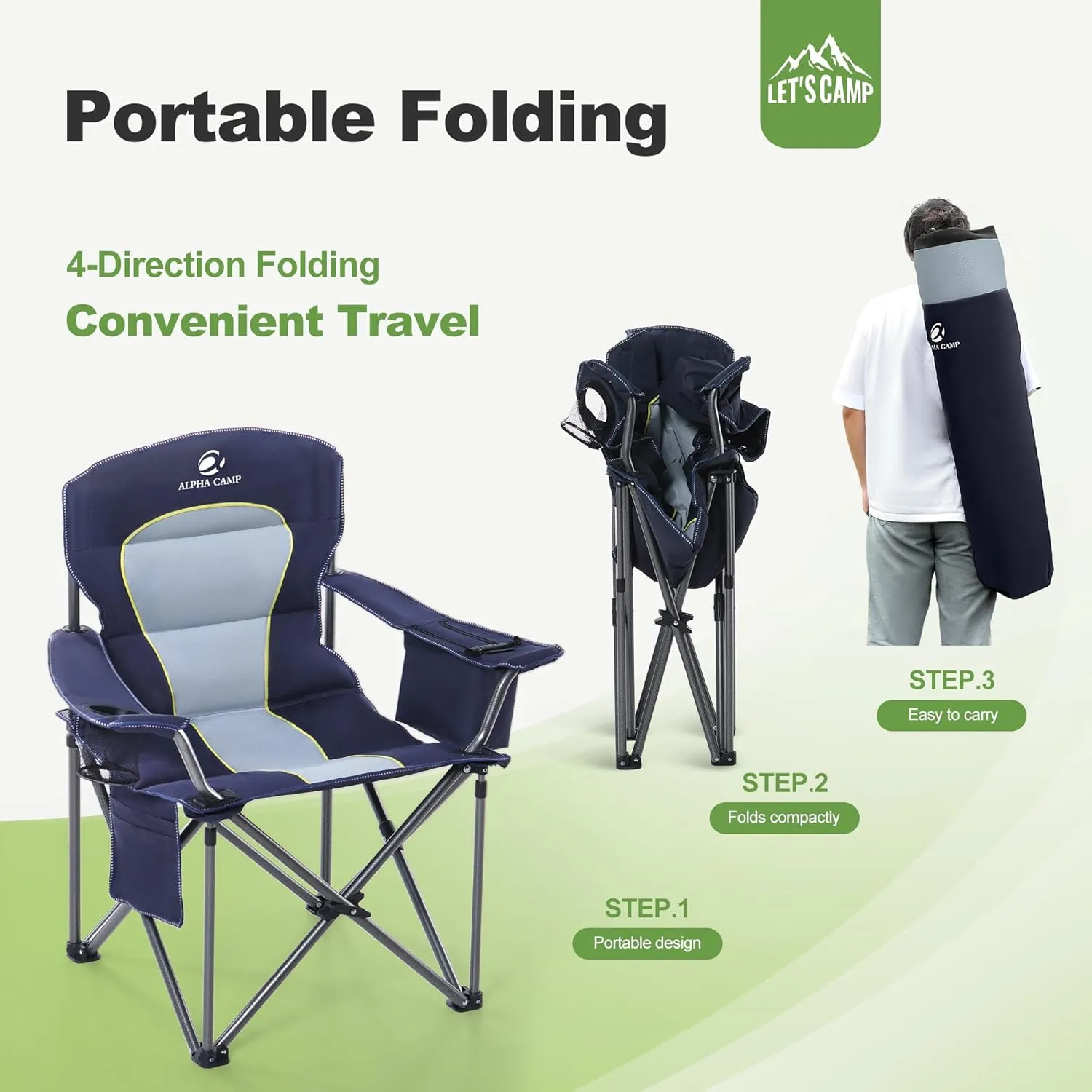 LET'S CAMP Oversized Folding Camping Chair Portable Outdoor Heavy Duty Padded Chairs Lawn Chair with Cup Holder, Storage Pocket and Cooler Bag, Supports 450LBS, for Camp, Travel, Picnic,2 Pack(Blue)
