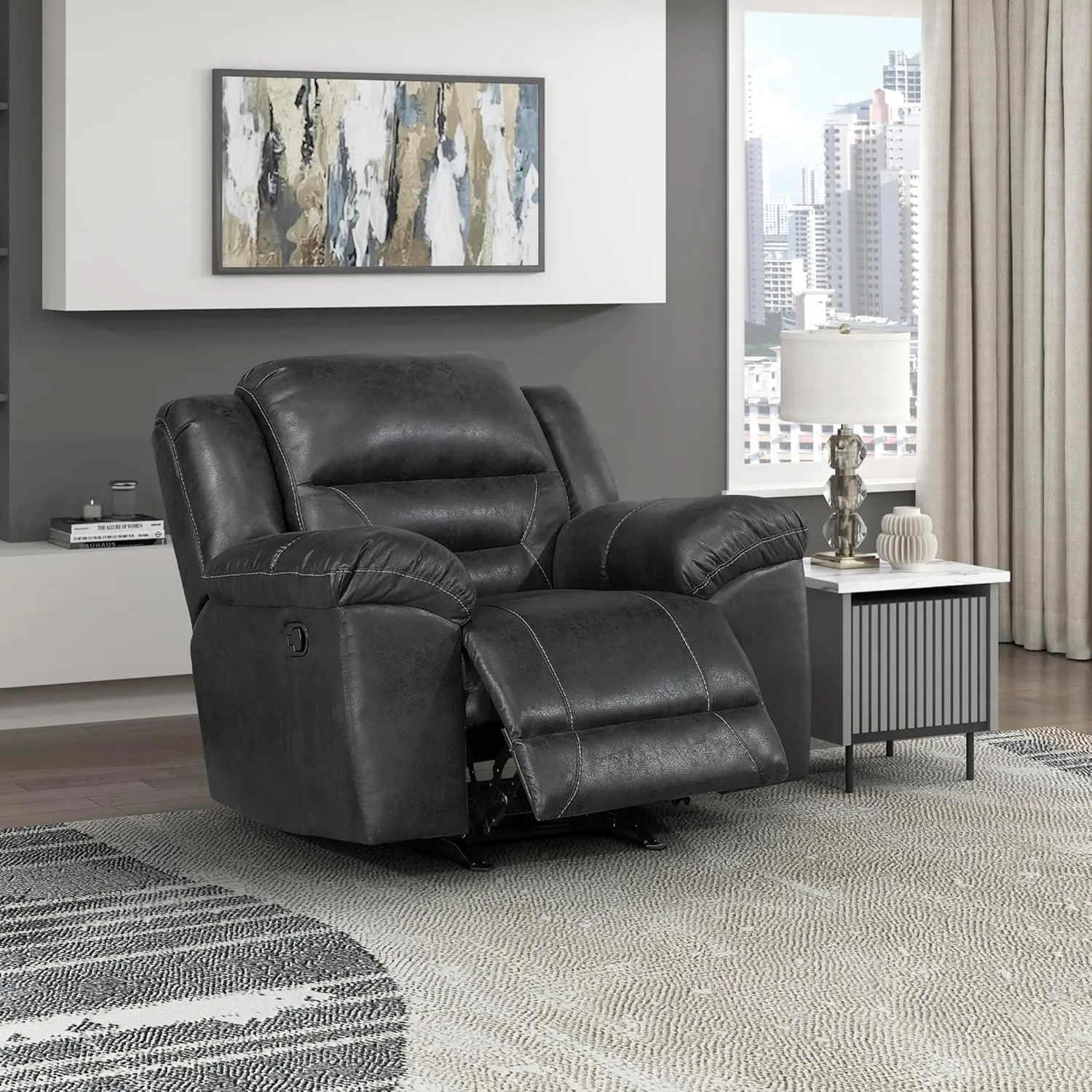 Lexicon Rocker Recliner Chair for Living Room, Wall Hugger Manual Recliner Chairs, Textured Microfiber Upholstered Rocking Reclining Chair, Home Theater Seating, Required Assembly, Black​