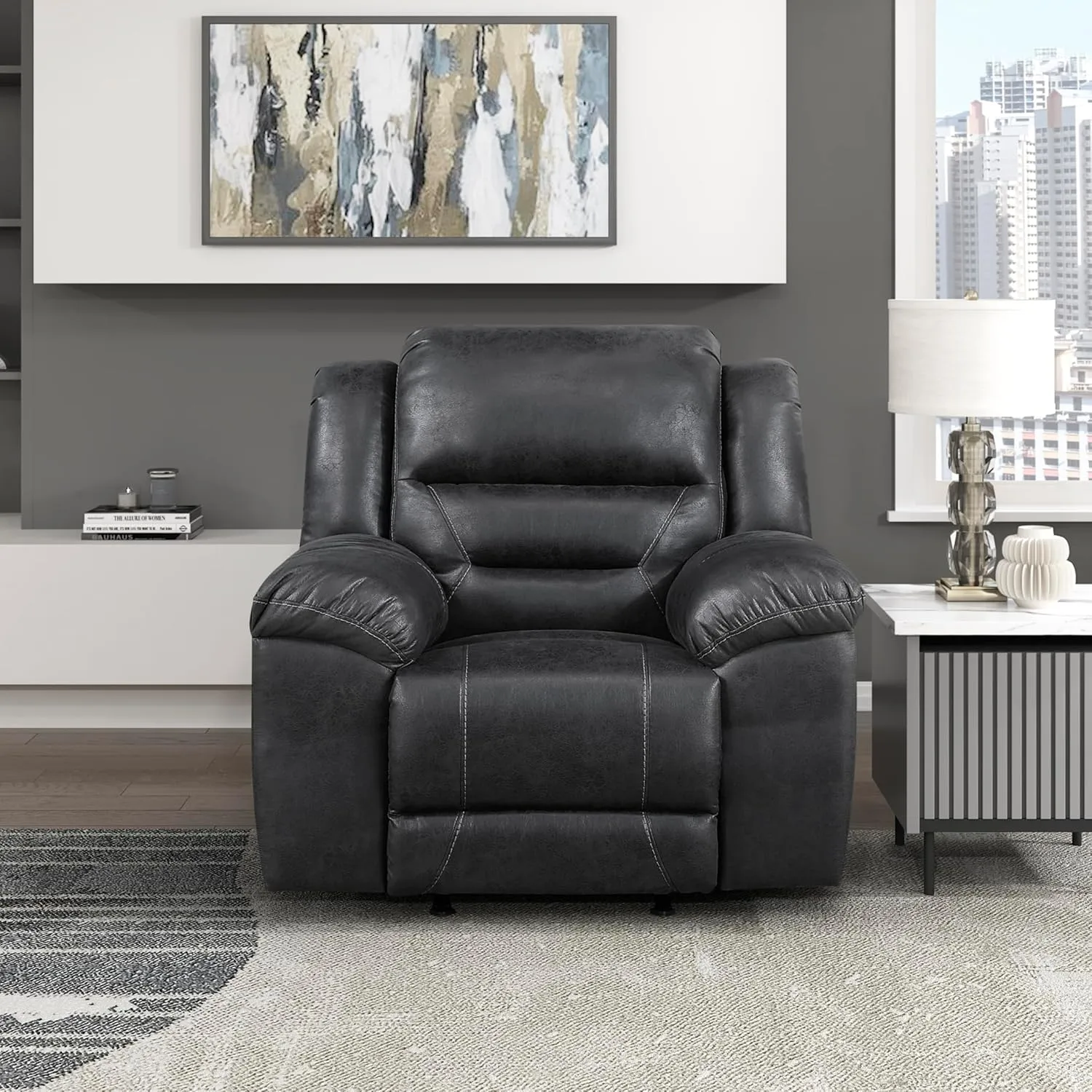Lexicon Rocker Recliner Chair for Living Room, Wall Hugger Manual Recliner Chairs, Textured Microfiber Upholstered Rocking Reclining Chair, Home Theater Seating, Required Assembly, Black​
