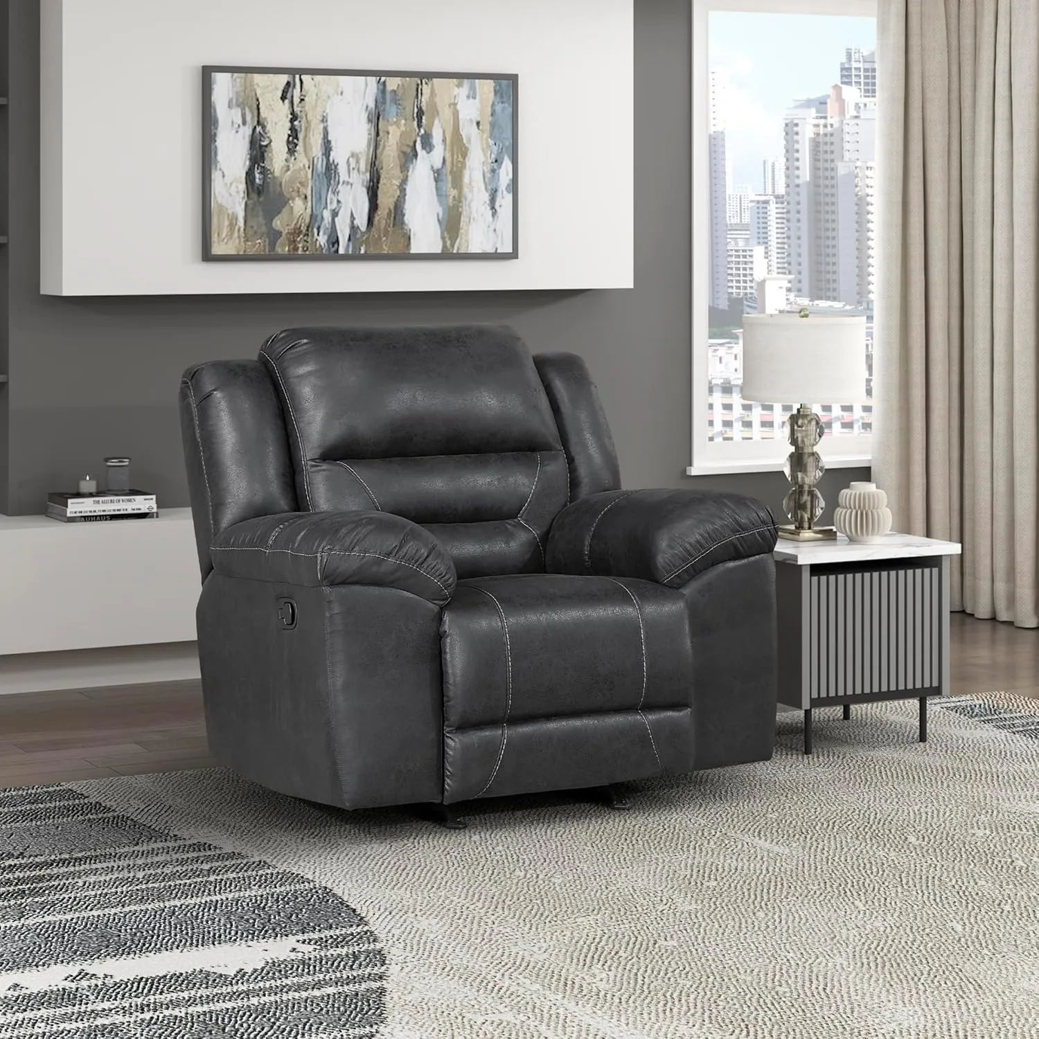 Lexicon Rocker Recliner Chair for Living Room, Wall Hugger Manual Recliner Chairs, Textured Microfiber Upholstered Rocking Reclining Chair, Home Theater Seating, Required Assembly, Black​