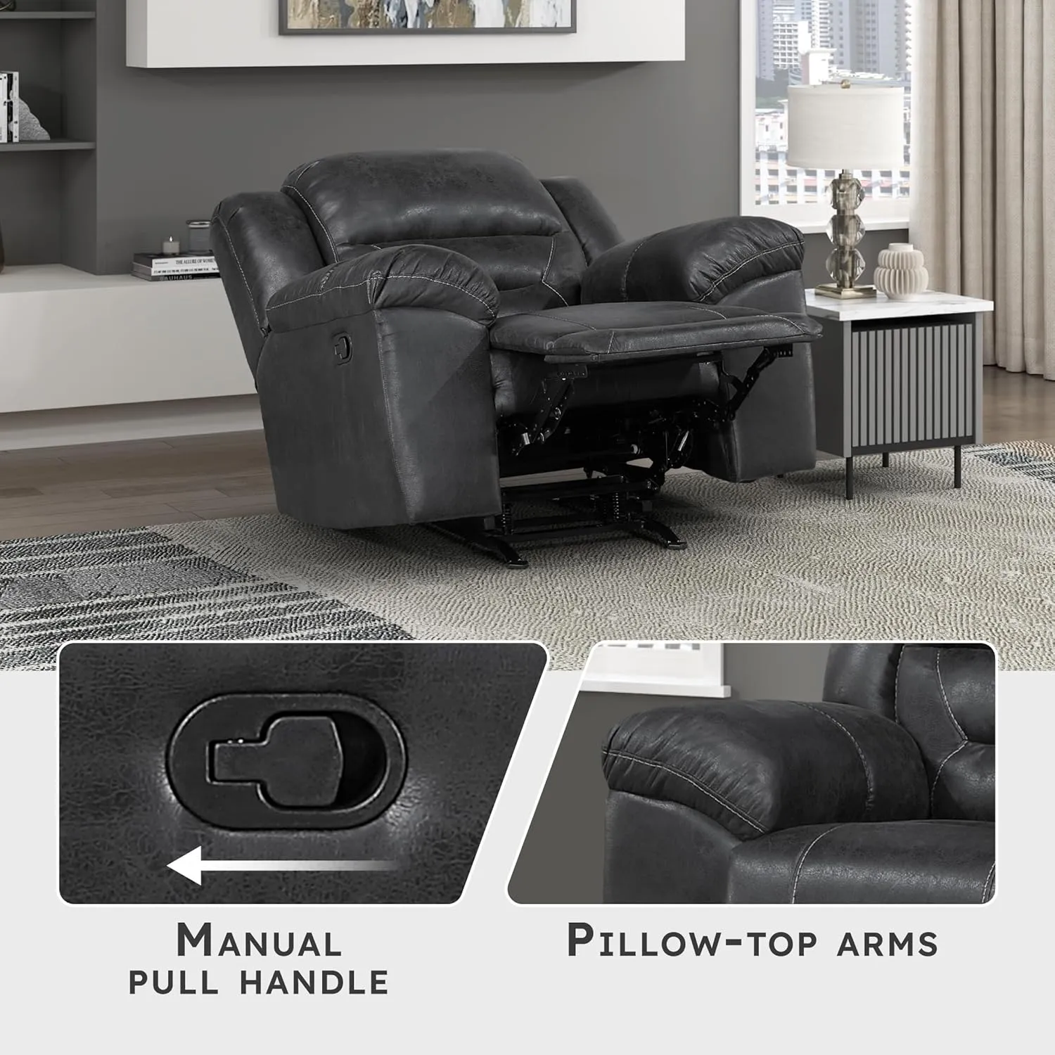 Lexicon Rocker Recliner Chair for Living Room, Wall Hugger Manual Recliner Chairs, Textured Microfiber Upholstered Rocking Reclining Chair, Home Theater Seating, Required Assembly, Black​