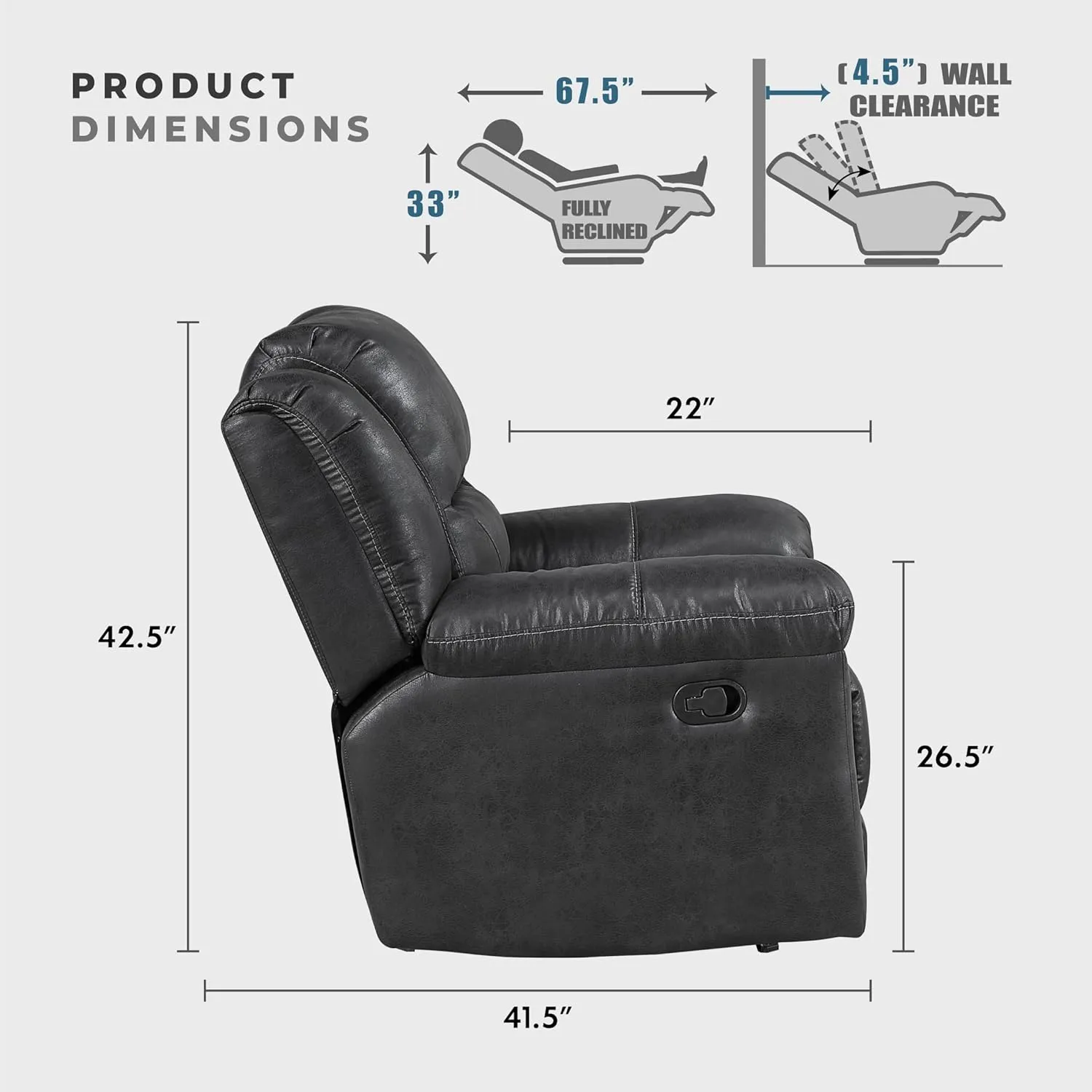 Lexicon Rocker Recliner Chair for Living Room, Wall Hugger Manual Recliner Chairs, Textured Microfiber Upholstered Rocking Reclining Chair, Home Theater Seating, Required Assembly, Black​