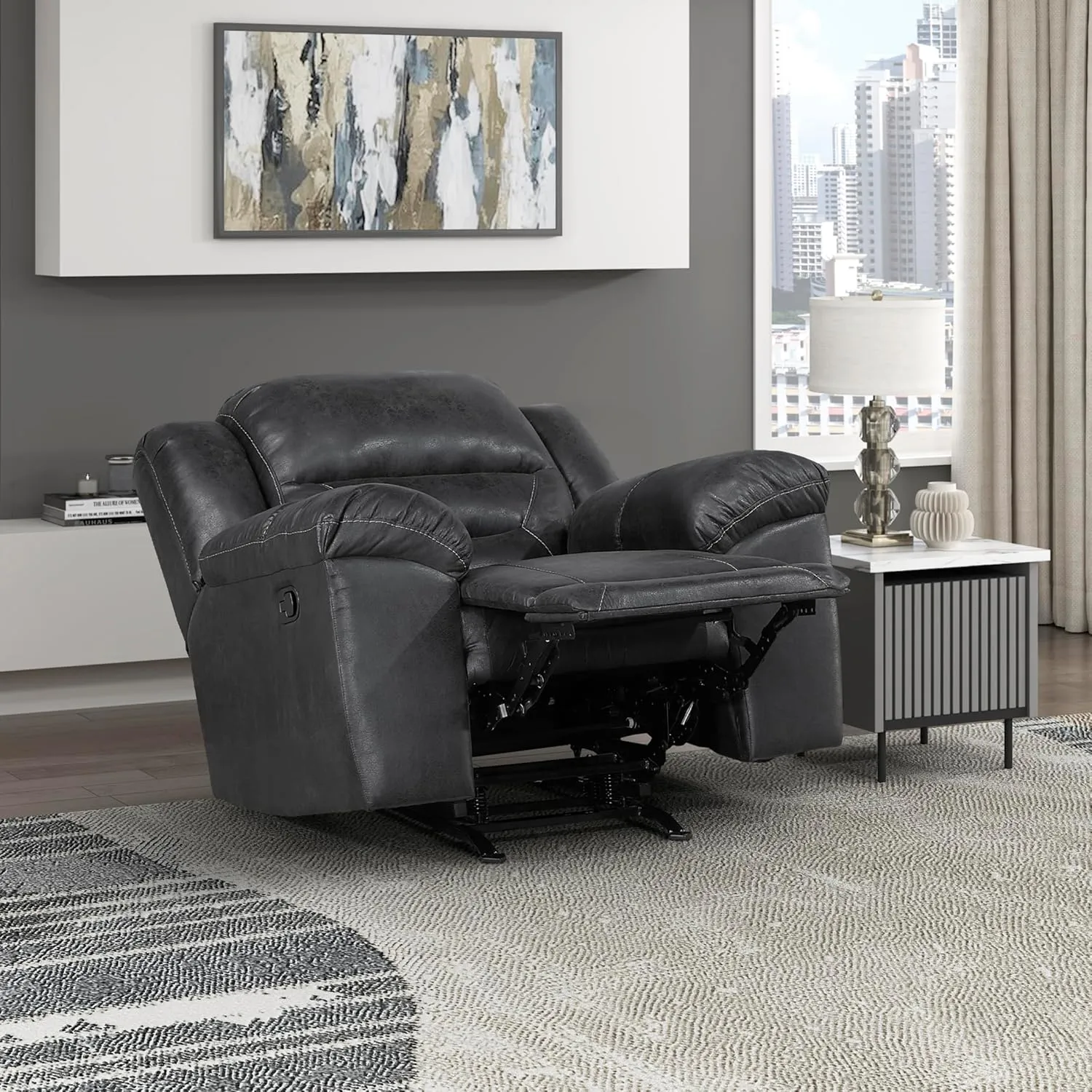 Lexicon Rocker Recliner Chair for Living Room, Wall Hugger Manual Recliner Chairs, Textured Microfiber Upholstered Rocking Reclining Chair, Home Theater Seating, Required Assembly, Black​