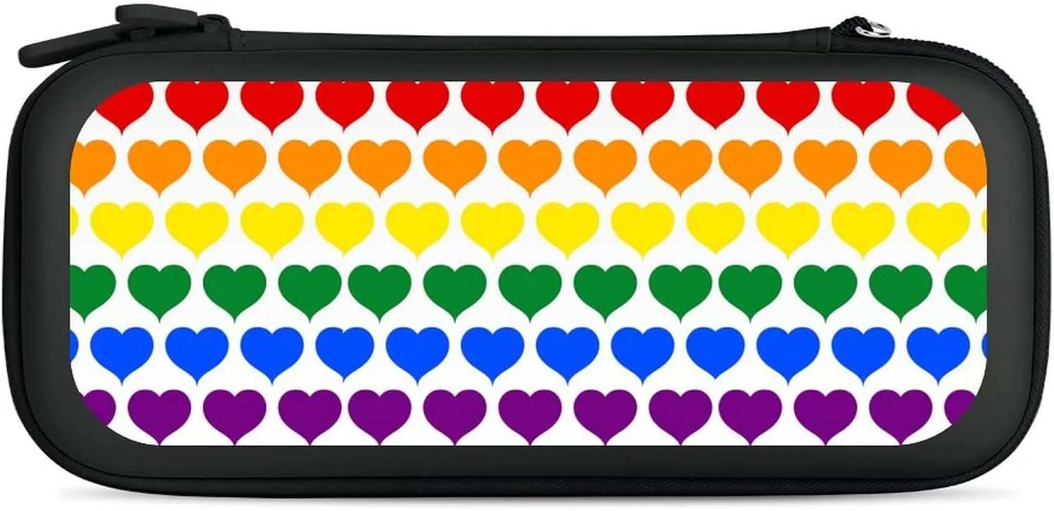 LGBT Flag Rainbow Heart Hard Shell Travel Case with Rope 15 Game Card Pockets Compatible with Switch Protective