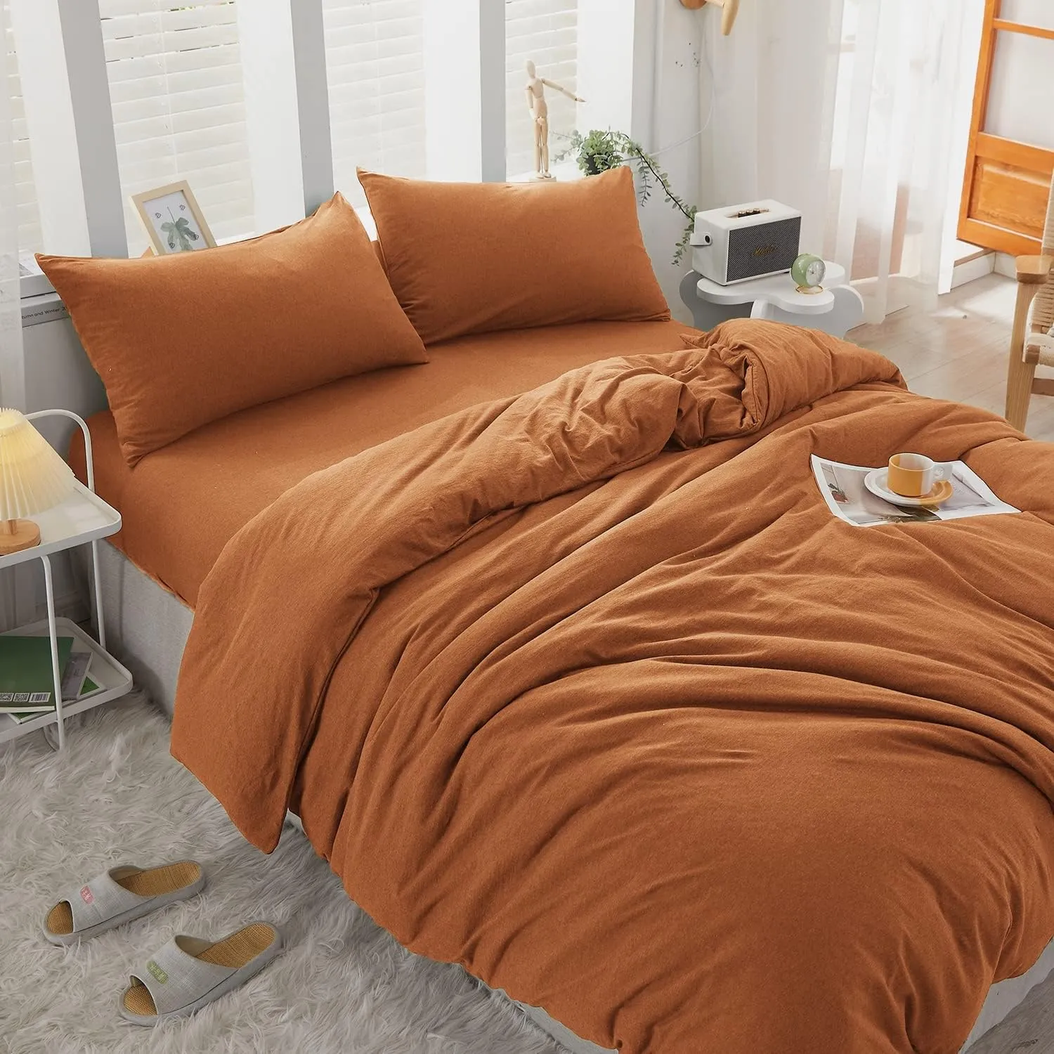LIFETOWN 100% Jersey Knit Cotton Duvet Cover Set T-Shirt Feel Bedding Set Ultra Soft Wrinkle-Free (Burnt Orange, Twin)