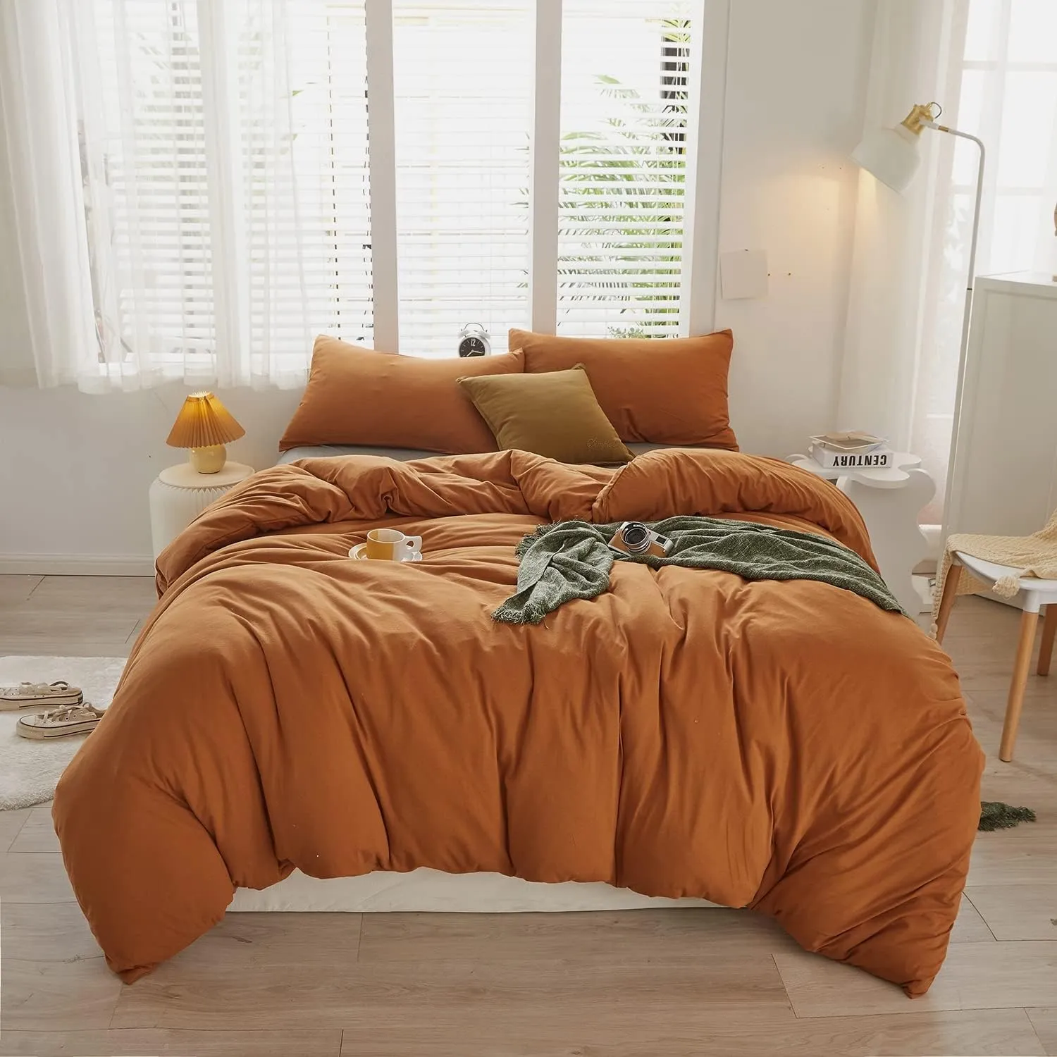 LIFETOWN 100% Jersey Knit Cotton Duvet Cover Set T-Shirt Feel Bedding Set Ultra Soft Wrinkle-Free (Burnt Orange, Twin)