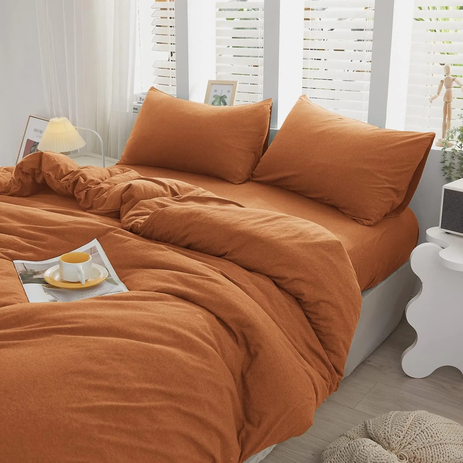 LIFETOWN 100% Jersey Knit Cotton Duvet Cover Set T-Shirt Feel Bedding Set Ultra Soft Wrinkle-Free (Burnt Orange, Twin)