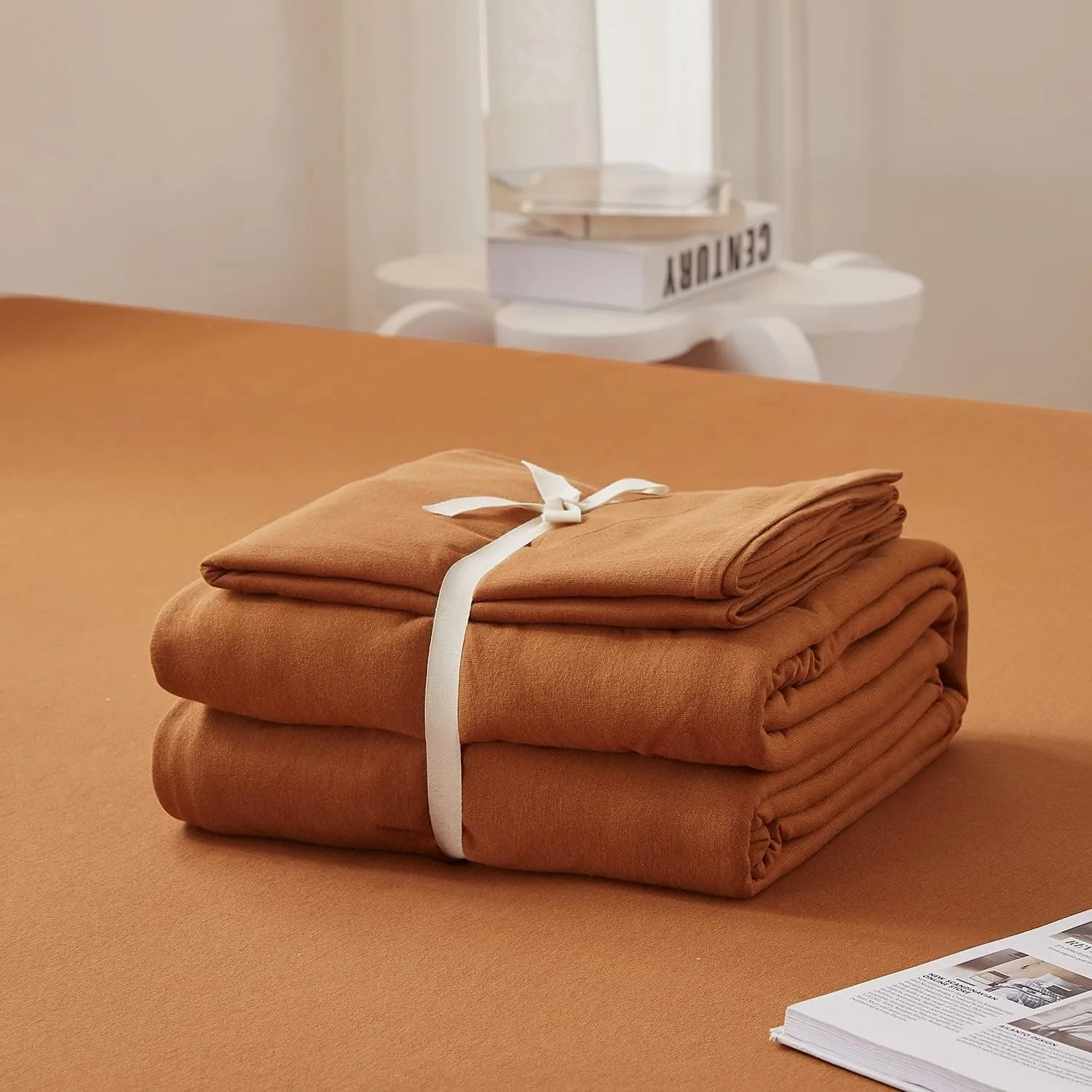 LIFETOWN 100% Jersey Knit Cotton Duvet Cover Set T-Shirt Feel Bedding Set Ultra Soft Wrinkle-Free (Burnt Orange, Twin)