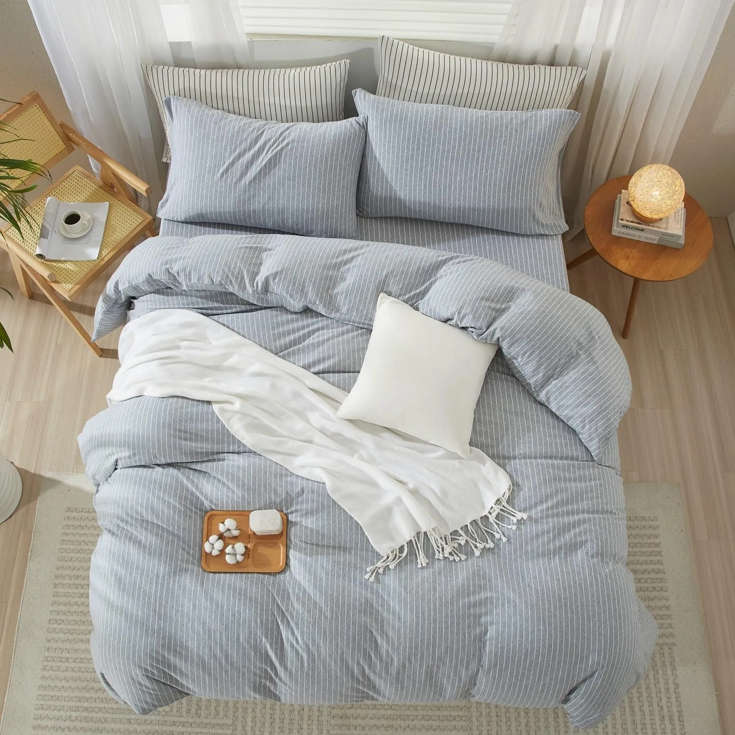 LIFETOWN Striped Duvet Cover Set 100% Jersey Knit Cotton T-Shirt Feel Bedding Set Ultra Soft Wrinkle-Free (Heathered Light Grey White Stripes, King)