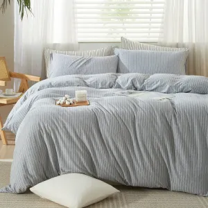 LIFETOWN Striped Duvet Cover Set 100% Jersey Knit Cotton T-Shirt Feel Bedding Set Ultra Soft Wrinkle-Free (Heathered Light Grey White Stripes, King)