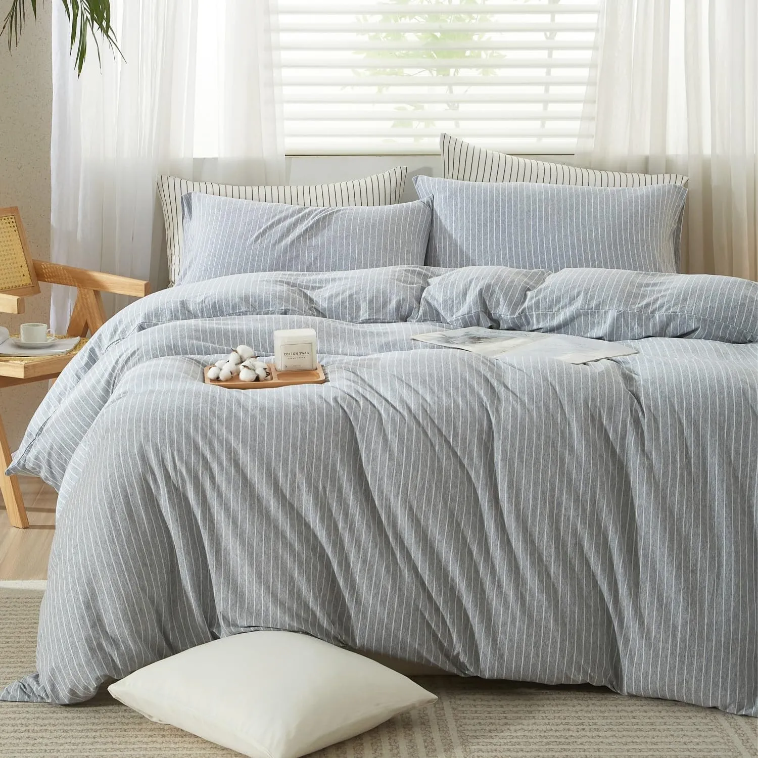 LIFETOWN Striped Duvet Cover Set 100% Jersey Knit Cotton T-Shirt Feel Bedding Set Ultra Soft Wrinkle-Free (Heathered Light Grey White Stripes, King)