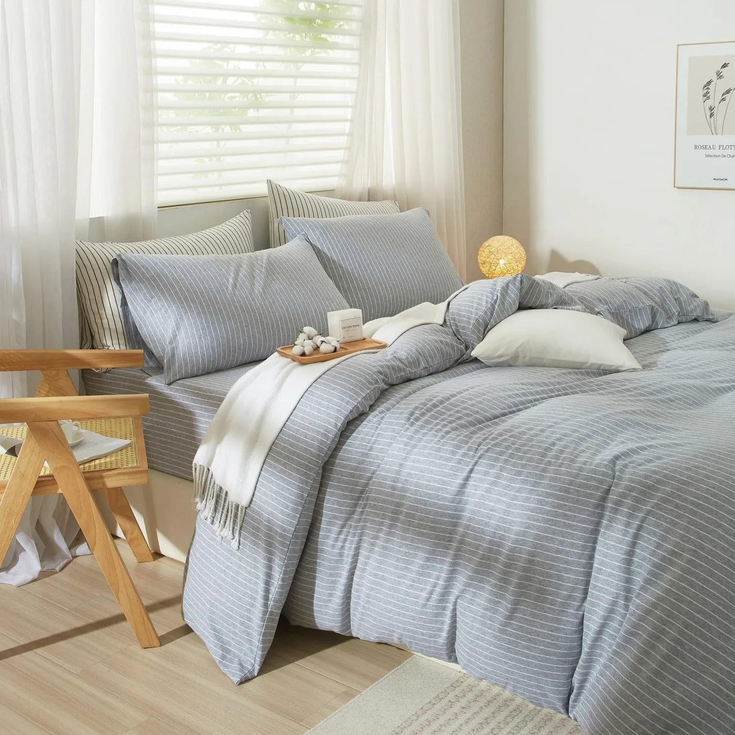 LIFETOWN Striped Duvet Cover Set 100% Jersey Knit Cotton T-Shirt Feel Bedding Set Ultra Soft Wrinkle-Free (Heathered Light Grey White Stripes, King)