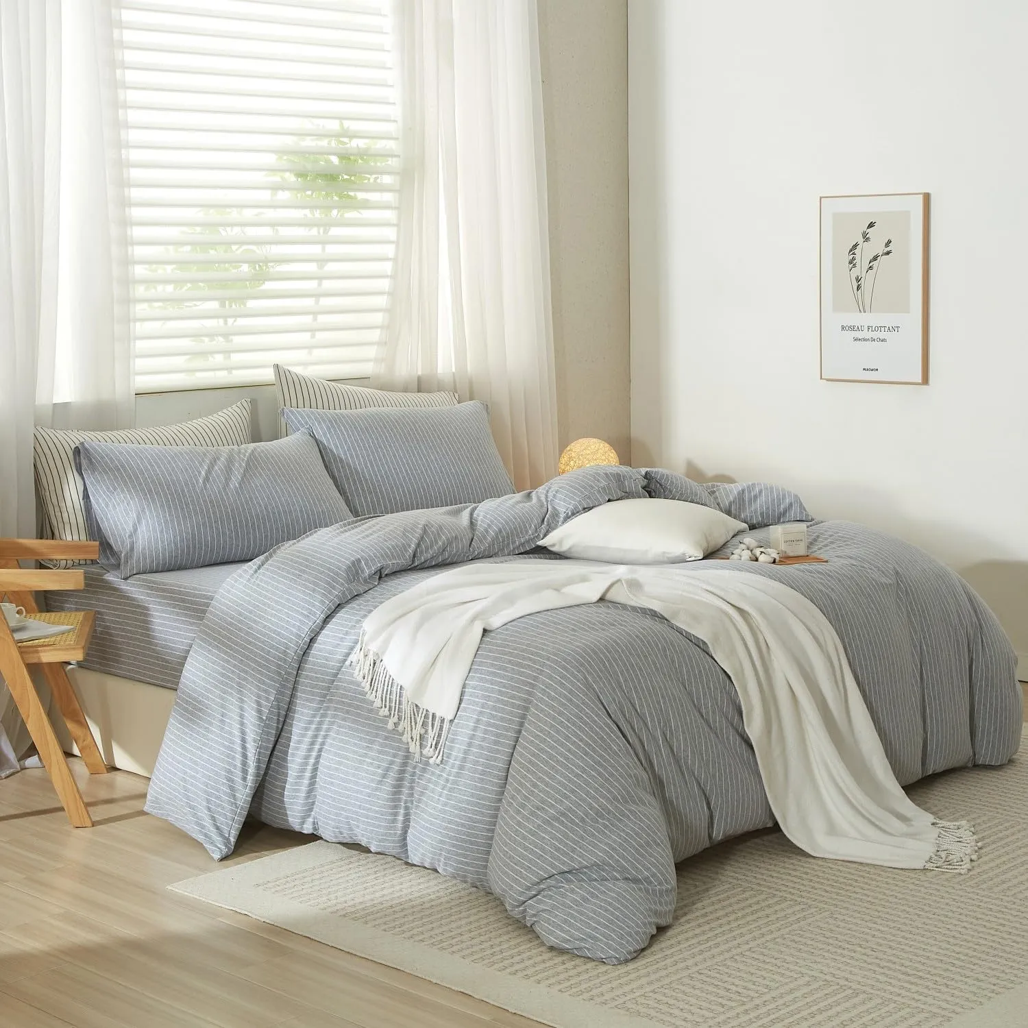 LIFETOWN Striped Duvet Cover Set 100% Jersey Knit Cotton T-Shirt Feel Bedding Set Ultra Soft Wrinkle-Free (Heathered Light Grey White Stripes, King)