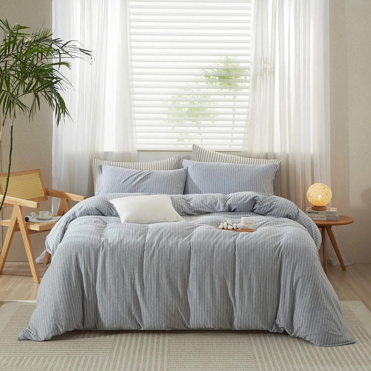 LIFETOWN Striped Duvet Cover Set 100% Jersey Knit Cotton T-Shirt Feel Bedding Set Ultra Soft Wrinkle-Free (Heathered Light Grey White Stripes, King)