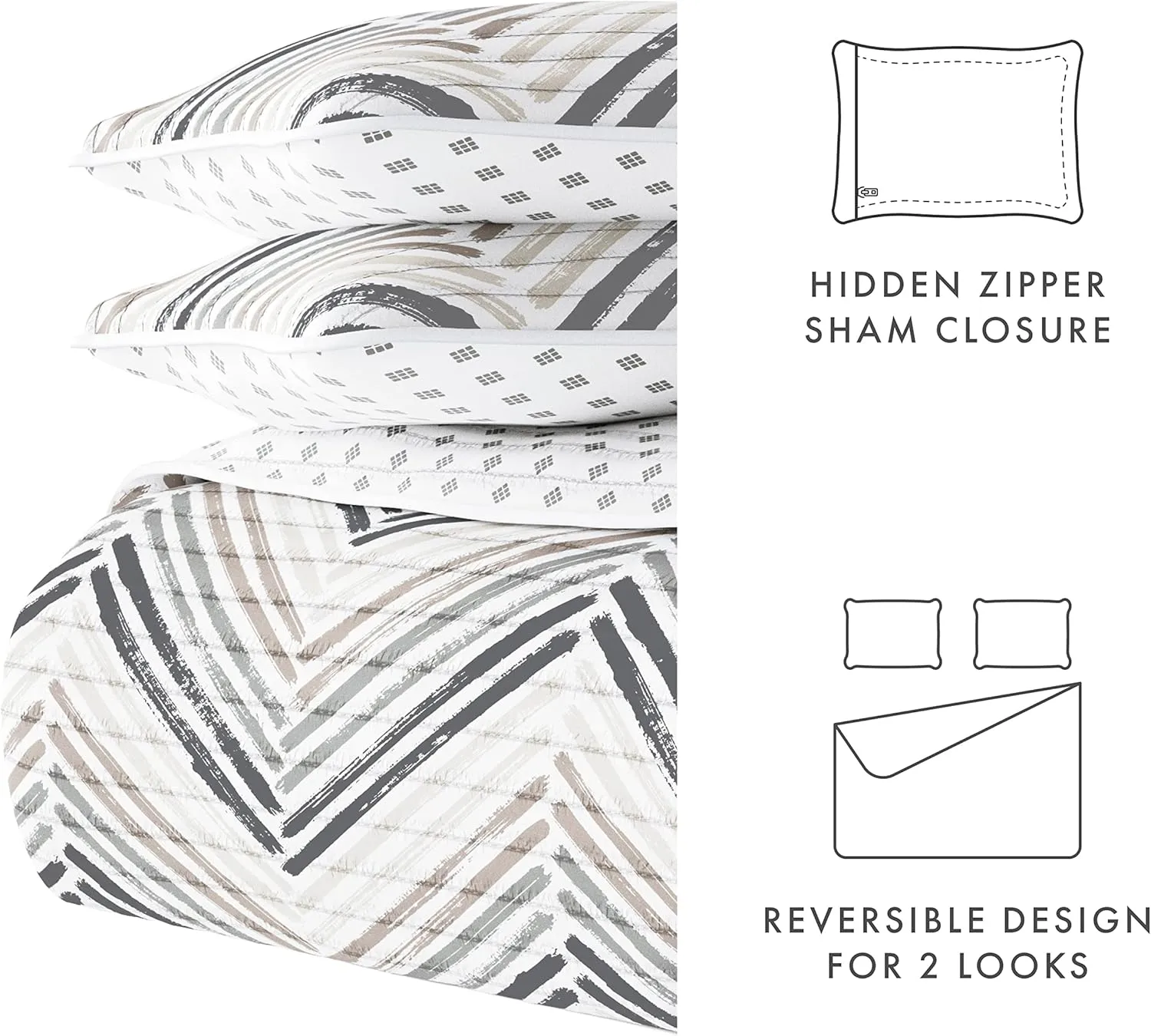 Linen Market Quilt Coverlet Set All Season Patterned Reversible Microfiber Ultra Soft Bedding in Painted Chevron - Twin/TwinXL Painted Chevron Light Gray
