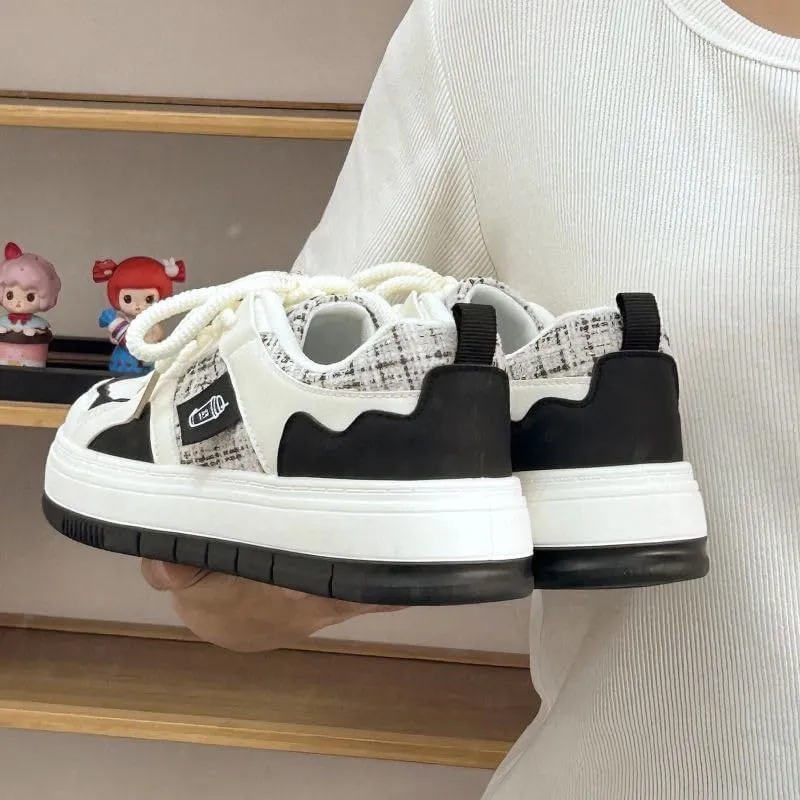 Loizziuy Aesthetic Checkerboard Skateboarding Sneakers Preppy Classic Casual Shoes for Women with Collegiate Versatile Round-Toe