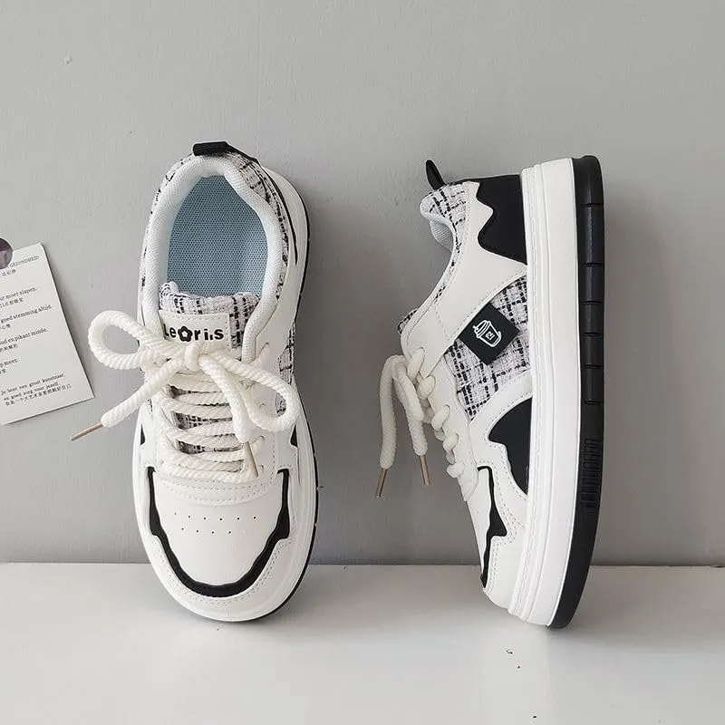 Loizziuy Aesthetic Checkerboard Skateboarding Sneakers Preppy Classic Casual Shoes for Women with Collegiate Versatile Round-Toe
