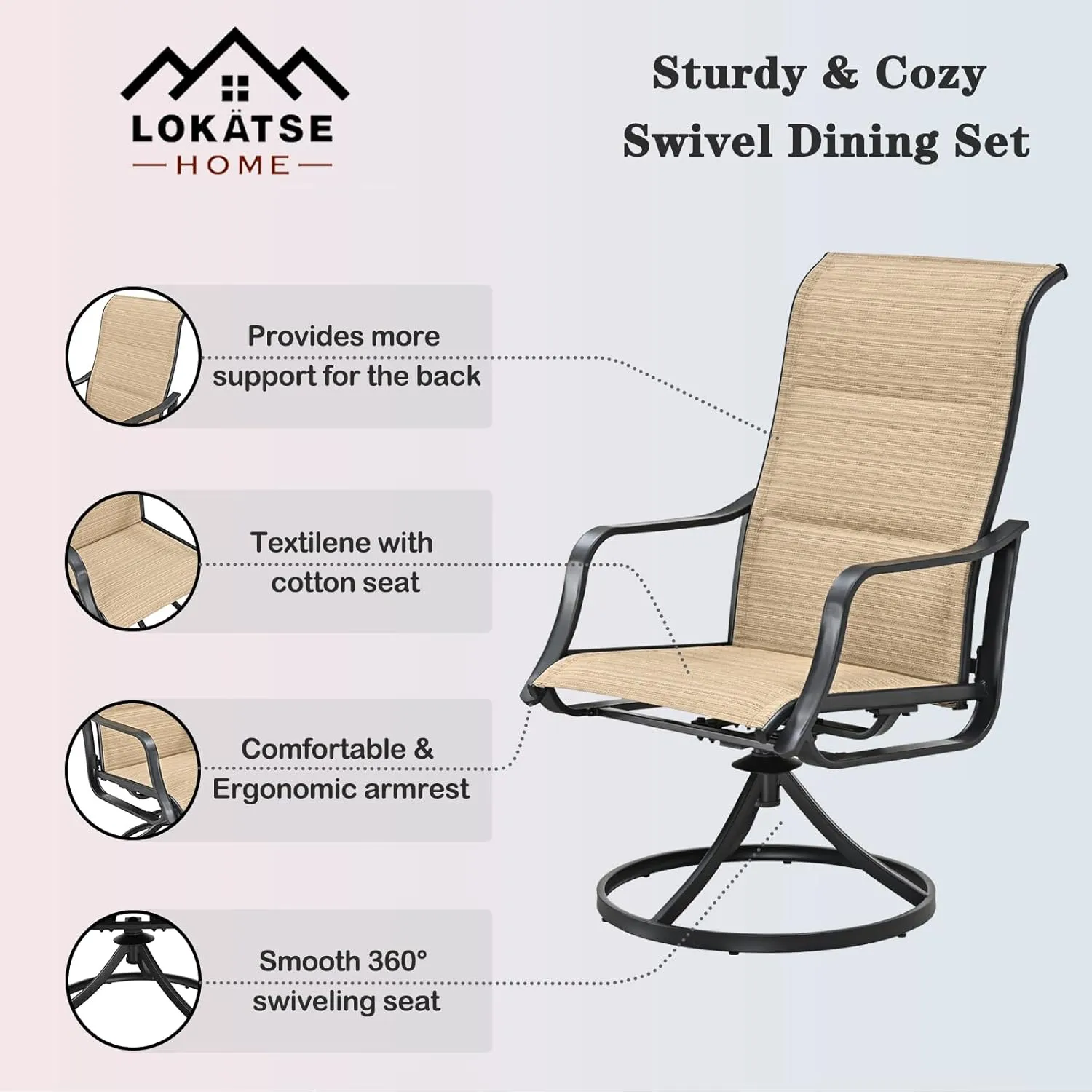 LOKATSE HOME 6 PCS Outdoor Patio Swivel Dining Set with Textilene High Back for Backyard Deck Lawn and Garden, Beige