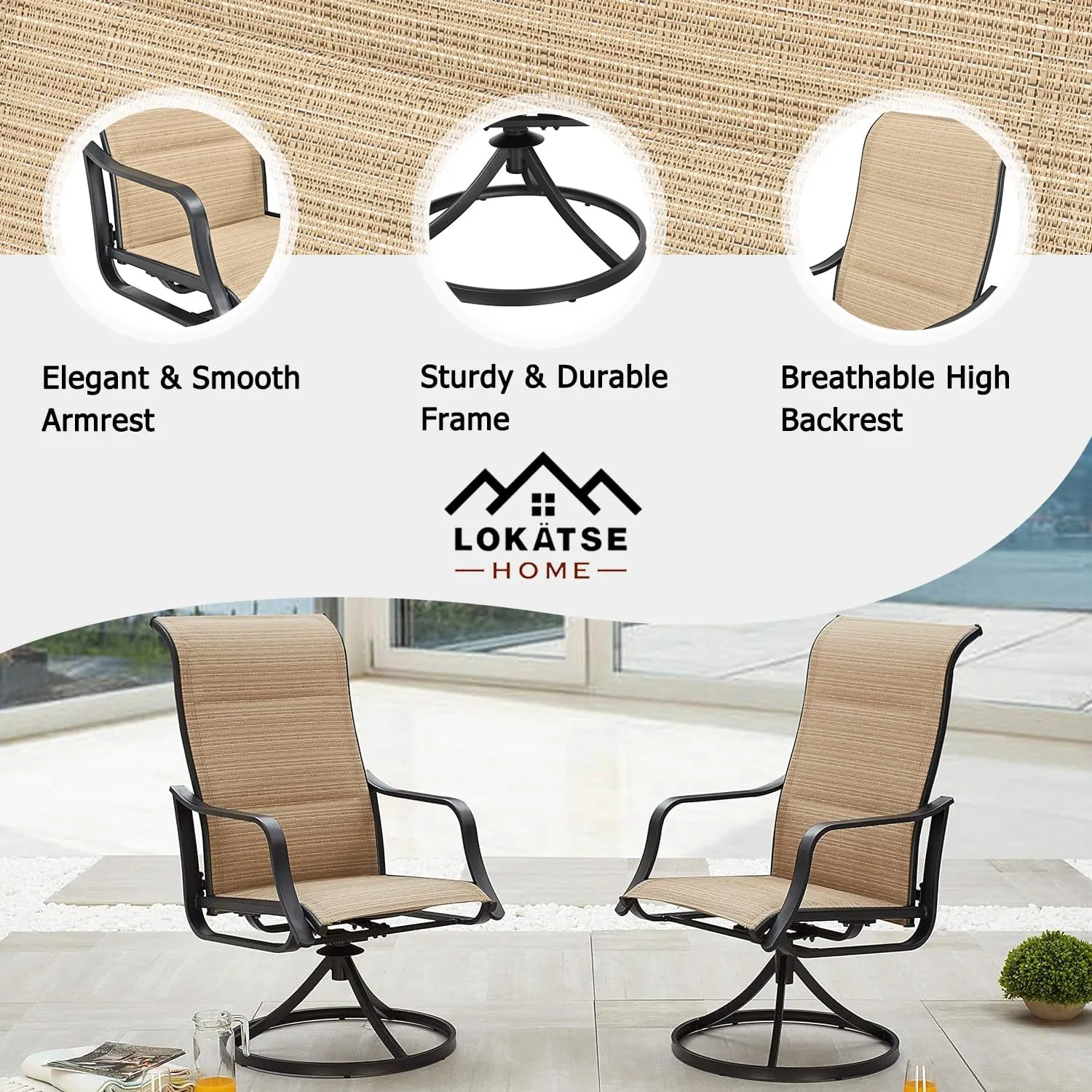 LOKATSE HOME 6 PCS Outdoor Patio Swivel Dining Set with Textilene High Back for Backyard Deck Lawn and Garden, Beige