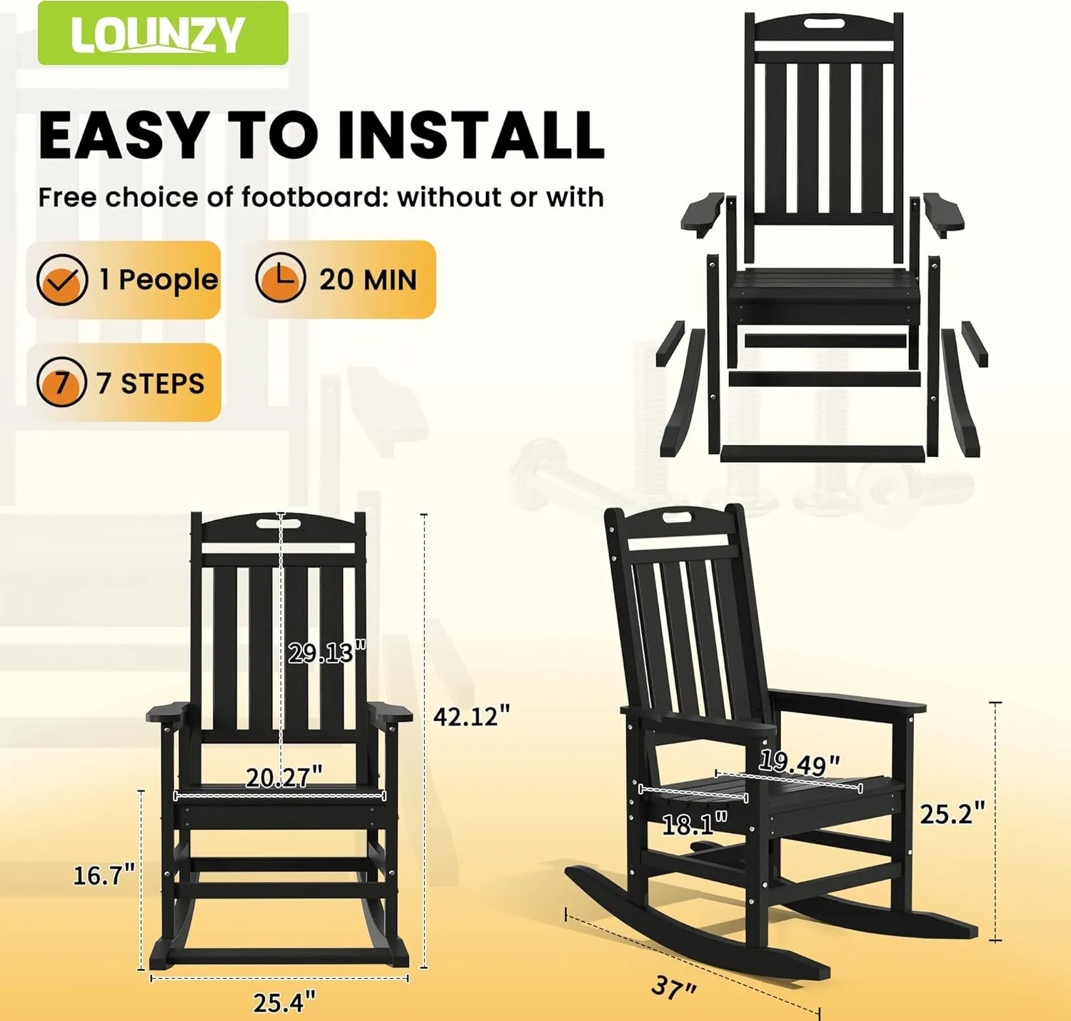 LOUNZY Outdoor Rocking Chair, HDPE Patio Rocking Chair with Footboard for Adults, All Weather Heavy Duty Front Porch Rocker, Black