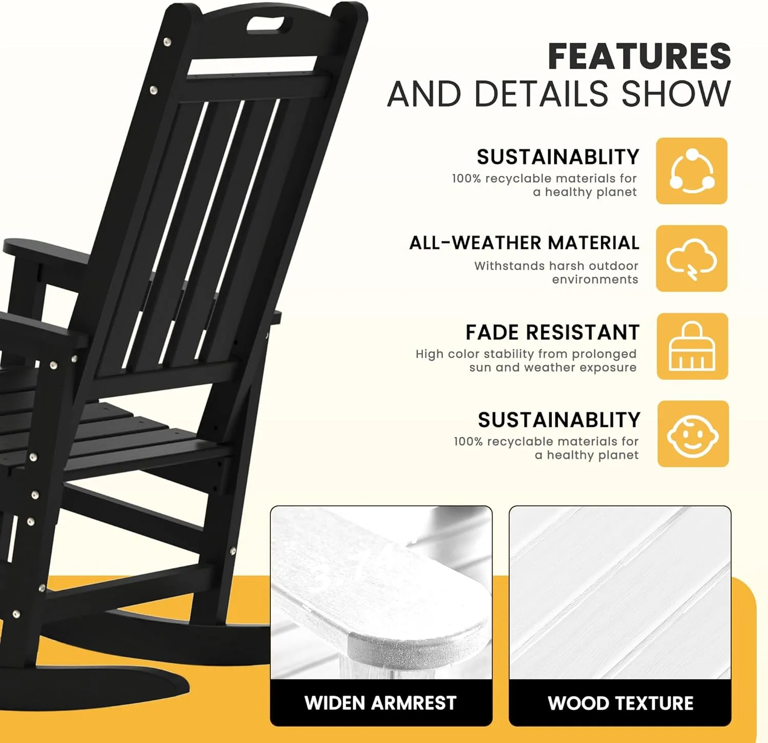 LOUNZY Outdoor Rocking Chair, HDPE Patio Rocking Chair with Footboard for Adults, All Weather Heavy Duty Front Porch Rocker, Black