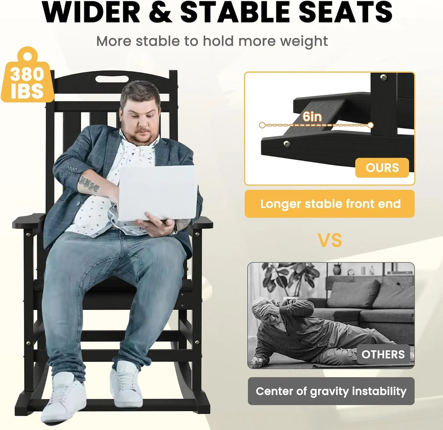 LOUNZY Outdoor Rocking Chair, HDPE Patio Rocking Chair with Footboard for Adults, All Weather Heavy Duty Front Porch Rocker, Black