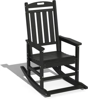 LOUNZY Outdoor Rocking Chair, HDPE Patio Rocking Chair with Footboard for Adults, All Weather Heavy Duty Front Porch Rocker, Black