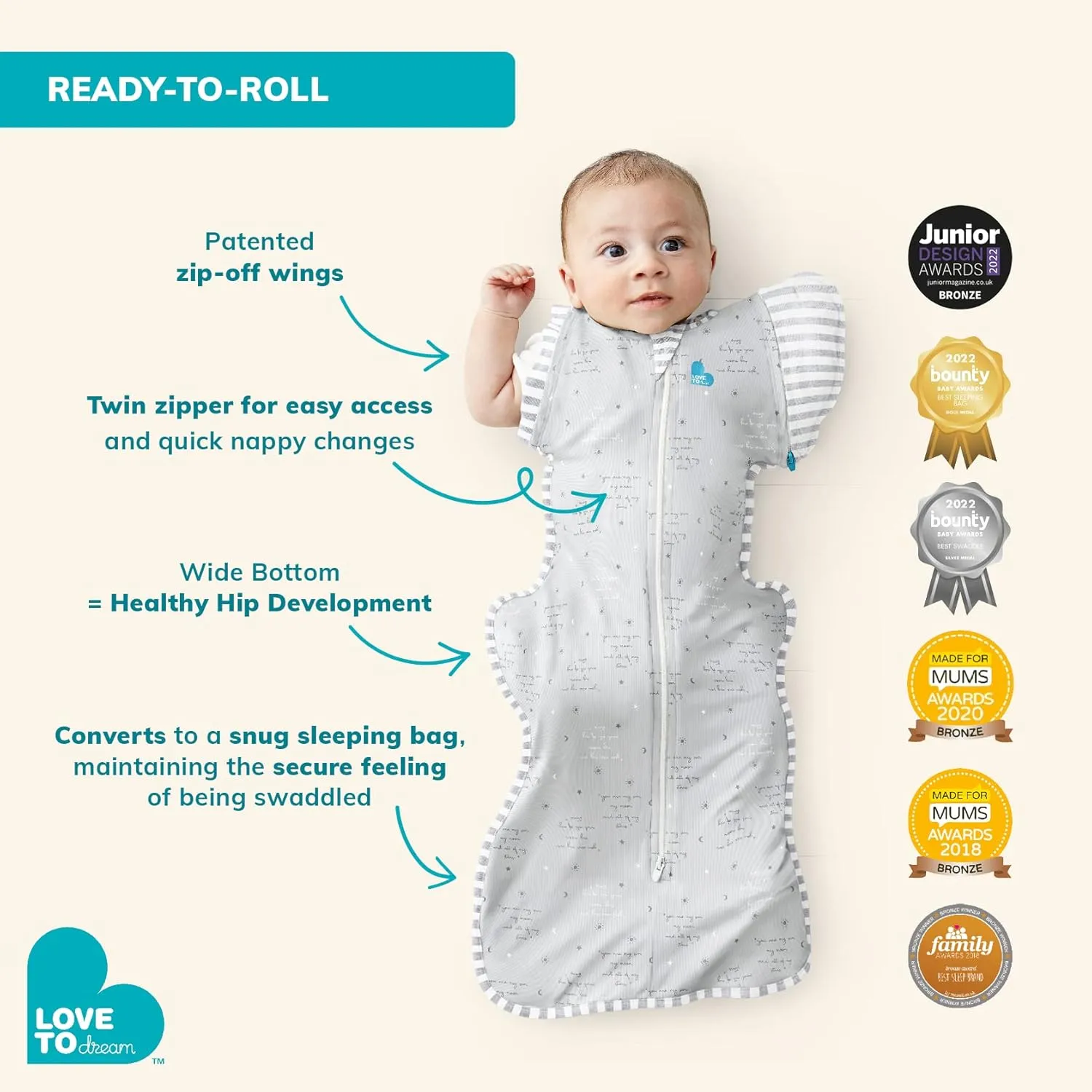 Love to Dream Swaddle UP Transition Bag, Luxuriously Silky Soft Viscose from Bamboo, Baby Sleep Sack, Patented Zip-Off Wings, Snug Fit Helps Calm Startle Reflex, 1.0TOG, Large 19-24lbs, Dot Gray