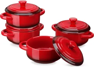 LOVECASA Mini Cocotte Set,12 OZ Small Casserole Dishes with Lids, Soup Bowls With Handles,Individual Baking Ramekins,Oven, Microwave & Dishwasher Safe,Set of 4,Red