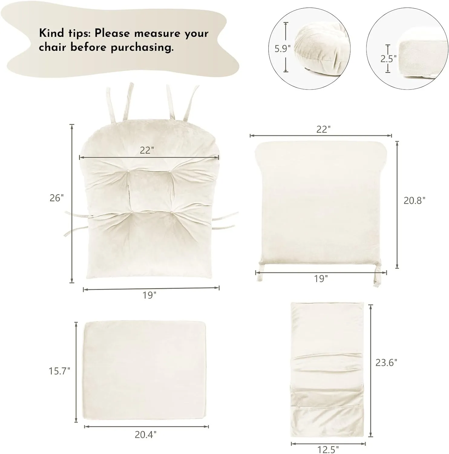 Lucky Monet 5Pcs Glider Rocker Replacement Cushions - Velvet Glider Cushions Replacement Set with Side Storage Pockets, Thick Glider Chair Cushions Washable & Non Slip, Cushion ONLY - Beige