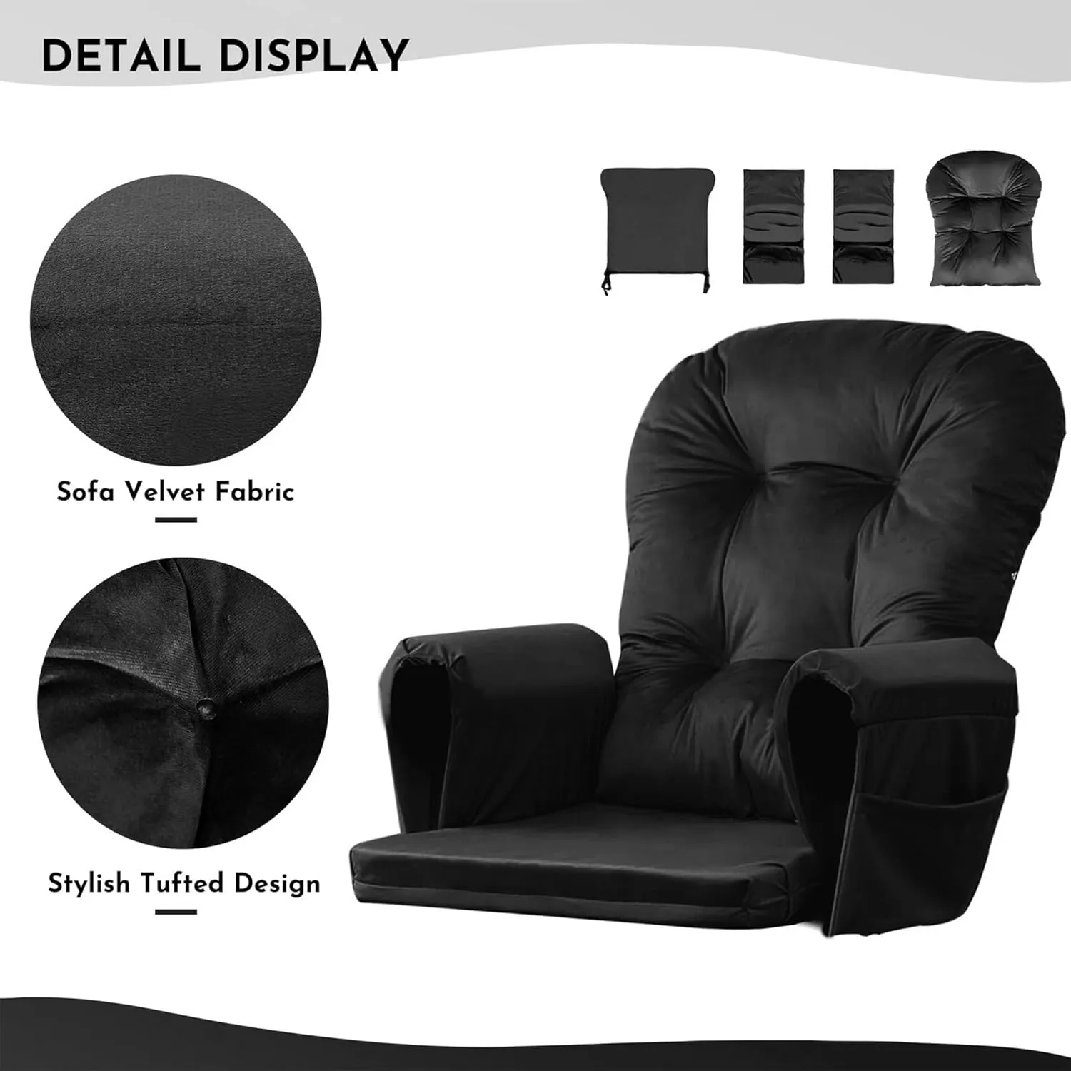 Lucky Monet 5Pcs Glider Rocker Replacement Cushions - Velvet Glider Cushions Replacement Set with Side Storage Pockets, Thick Glider Chair Cushions Washable & Non Slip, Cushion ONLY - Black