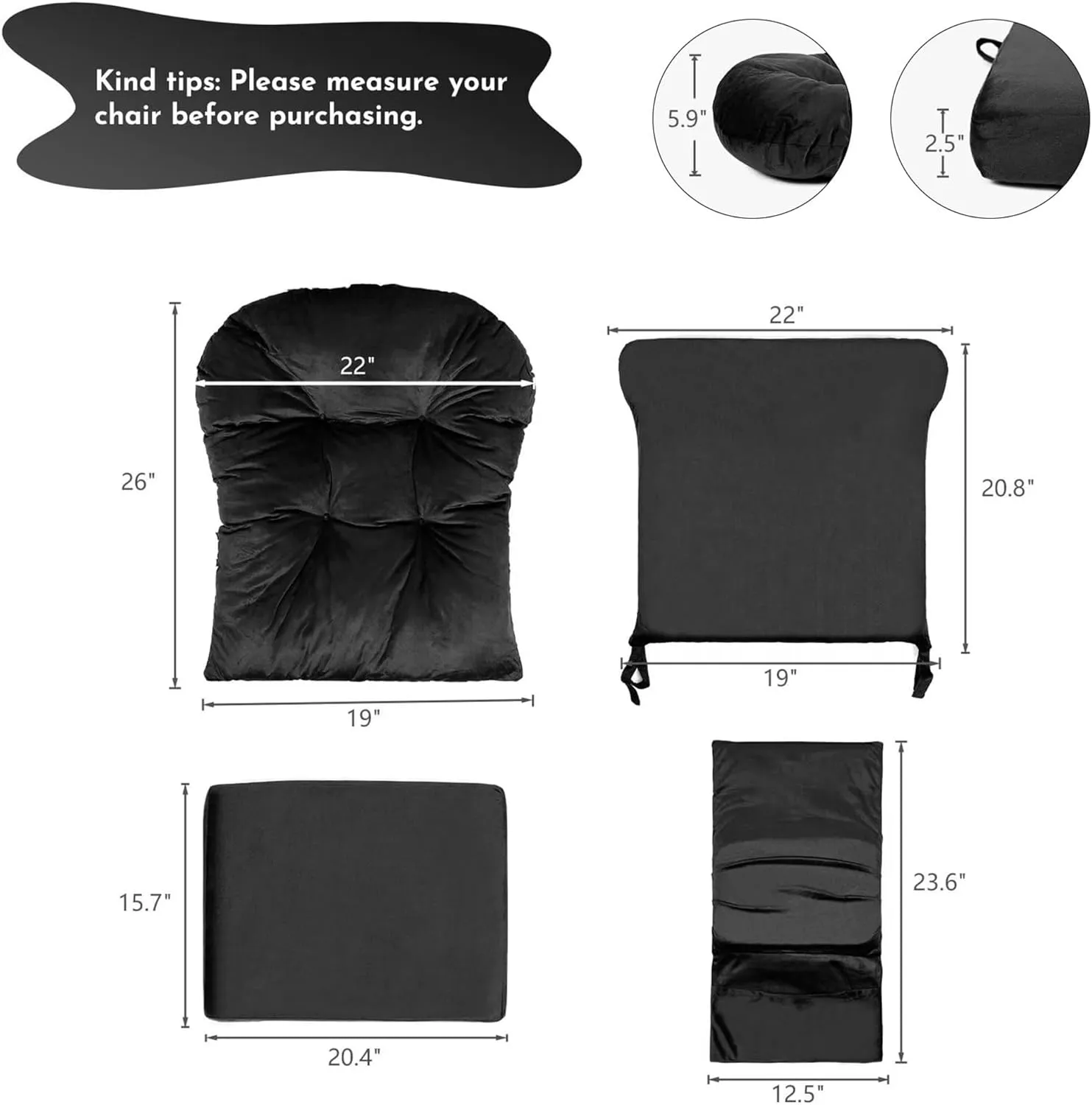 Lucky Monet 5Pcs Glider Rocker Replacement Cushions - Velvet Glider Cushions Replacement Set with Side Storage Pockets, Thick Glider Chair Cushions Washable & Non Slip, Cushion ONLY - Black