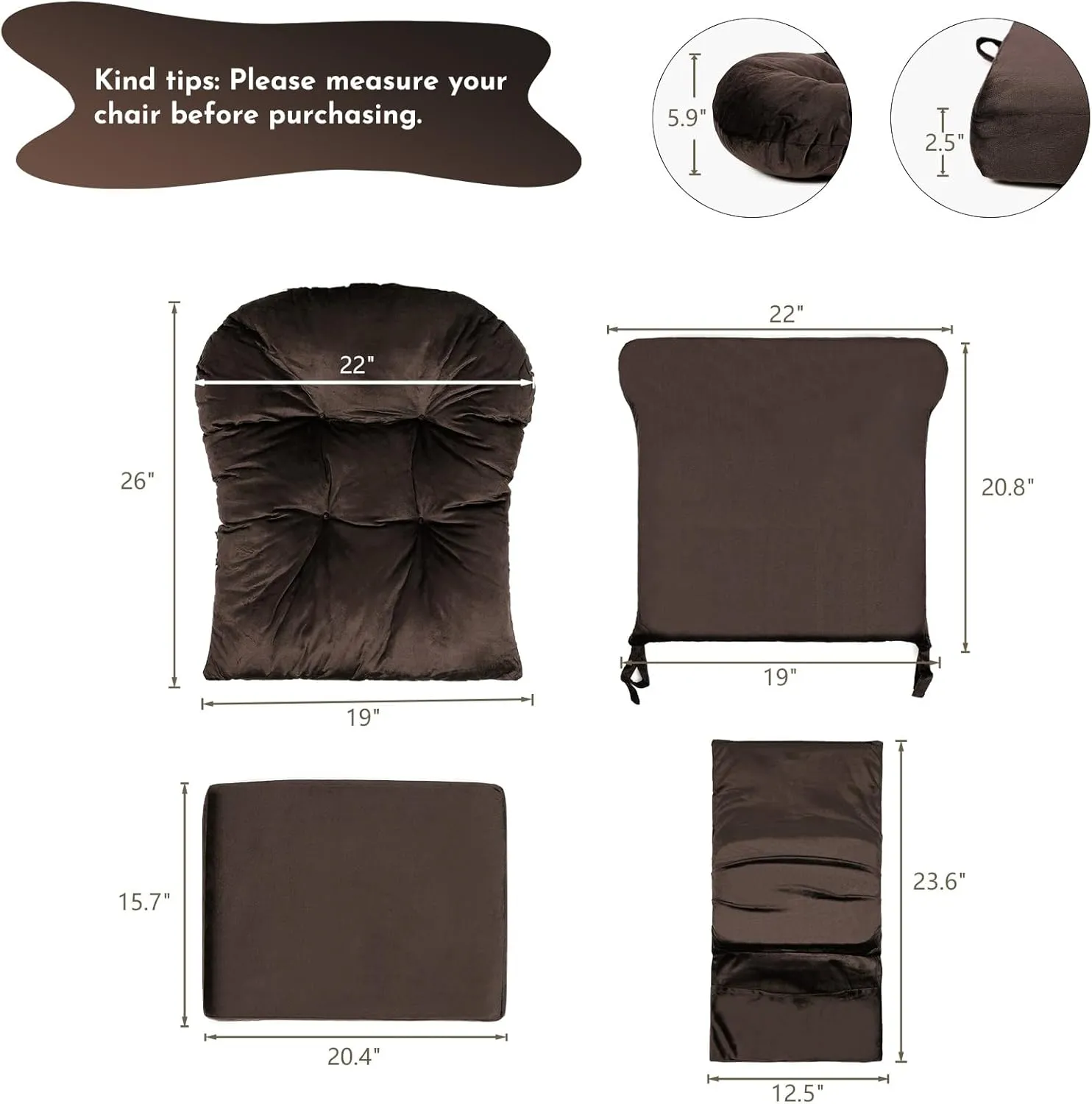 Lucky Monet 5Pcs Glider Rocker Replacement Cushions - Velvet Glider Cushions Replacement Set with Side Storage Pockets, Thick Glider Chair Cushions Washable & Non Slip, Cushion ONLY - Brown