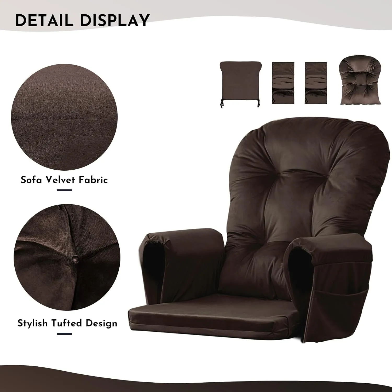 Lucky Monet 5Pcs Glider Rocker Replacement Cushions - Velvet Glider Cushions Replacement Set with Side Storage Pockets, Thick Glider Chair Cushions Washable & Non Slip, Cushion ONLY - Brown