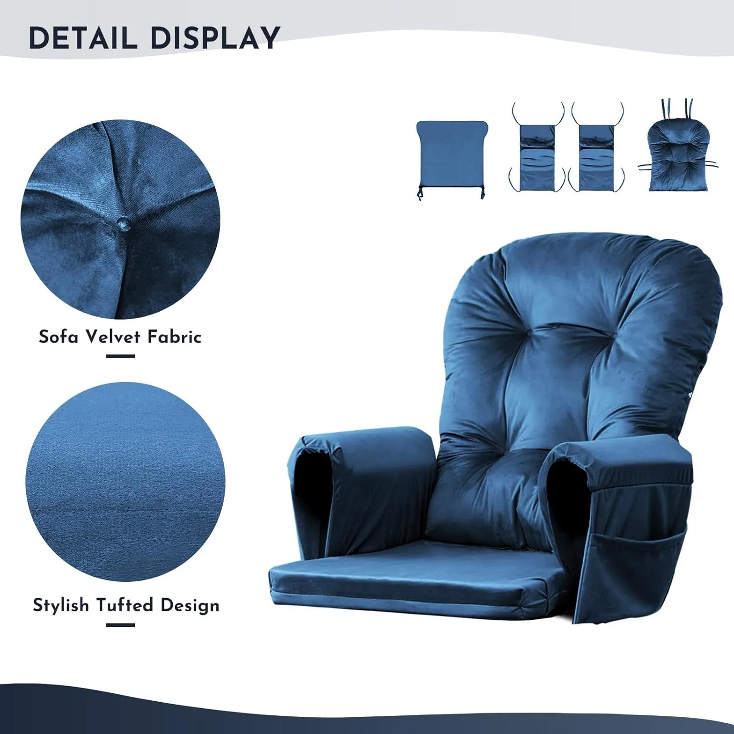 Lucky Monet 5Pcs Glider Rocker Replacement Cushions - Velvet Glider Cushions Replacement Set with Side Storage Pockets, Thick Glider Chair Cushions Washable & Non Slip, Cushion ONLY - Dark Blue