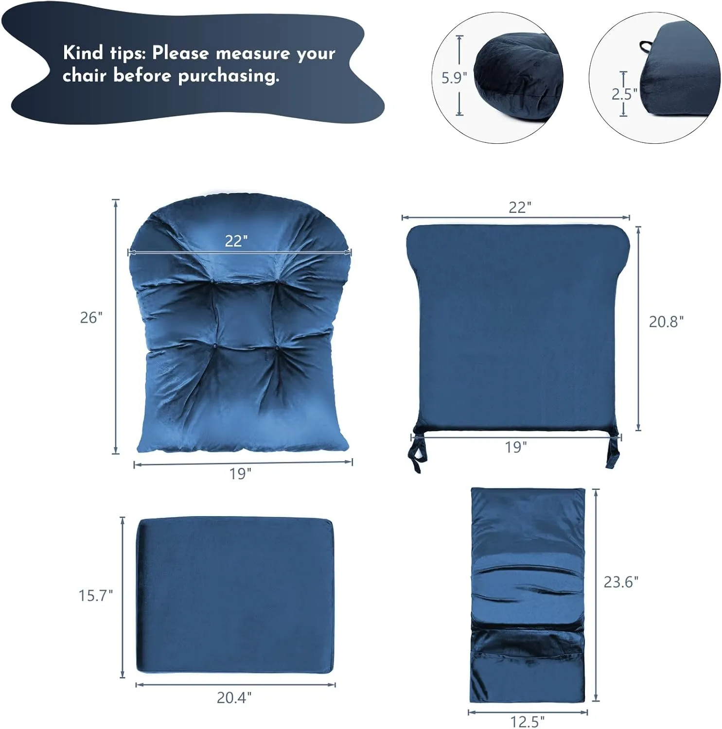 Lucky Monet 5Pcs Glider Rocker Replacement Cushions - Velvet Glider Cushions Replacement Set with Side Storage Pockets, Thick Glider Chair Cushions Washable & Non Slip, Cushion ONLY - Dark Blue