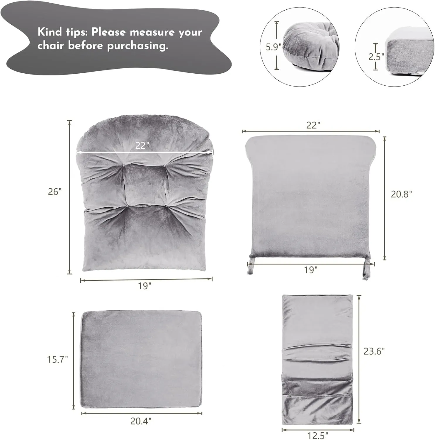 Lucky Monet 5Pcs Glider Rocker Replacement Cushions - Velvet Glider Cushions Replacement Set with Side Storage Pockets, Thick Glider Chair Cushions Washable & Non Slip, Cushion ONLY - Gray
