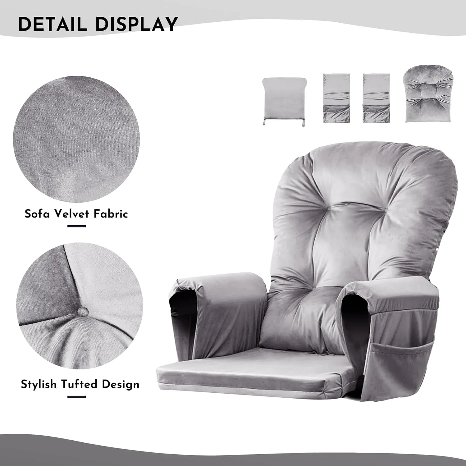 Lucky Monet 5Pcs Glider Rocker Replacement Cushions - Velvet Glider Cushions Replacement Set with Side Storage Pockets, Thick Glider Chair Cushions Washable & Non Slip, Cushion ONLY - Gray