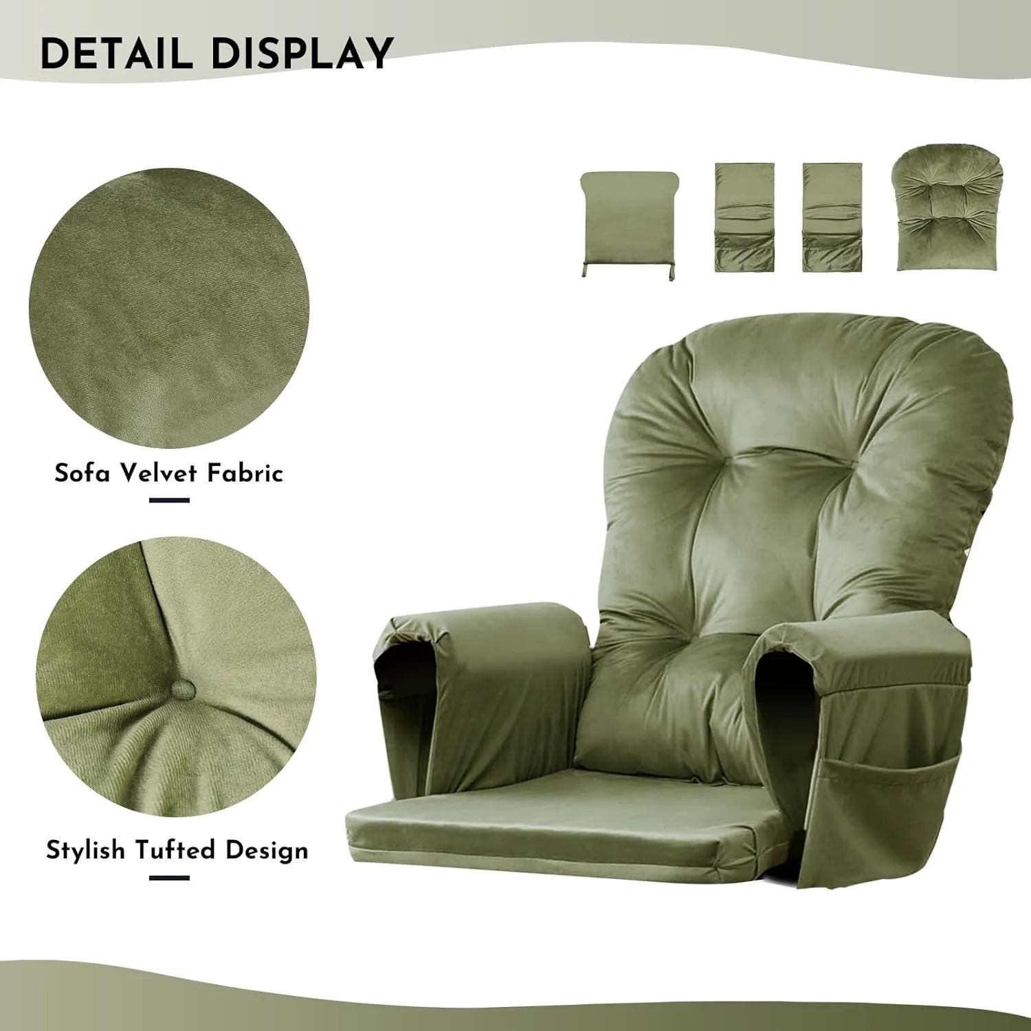 Lucky Monet 5Pcs Glider Rocker Replacement Cushions - Velvet Glider Cushions Replacement Set with Side Storage Pockets, Thick Glider Chair Cushions Washable & Non Slip, Cushion ONLY - Green