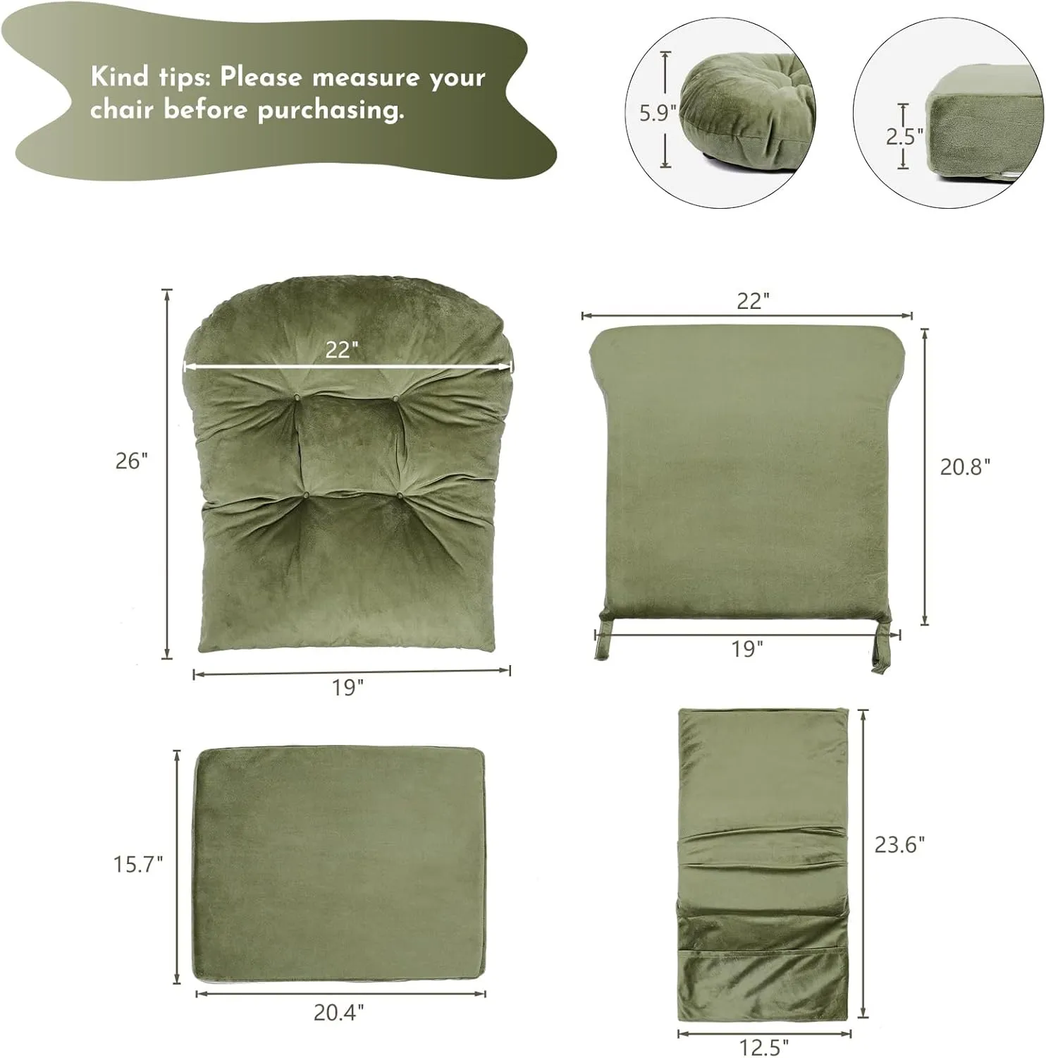 Lucky Monet 5Pcs Glider Rocker Replacement Cushions - Velvet Glider Cushions Replacement Set with Side Storage Pockets, Thick Glider Chair Cushions Washable & Non Slip, Cushion ONLY - Green